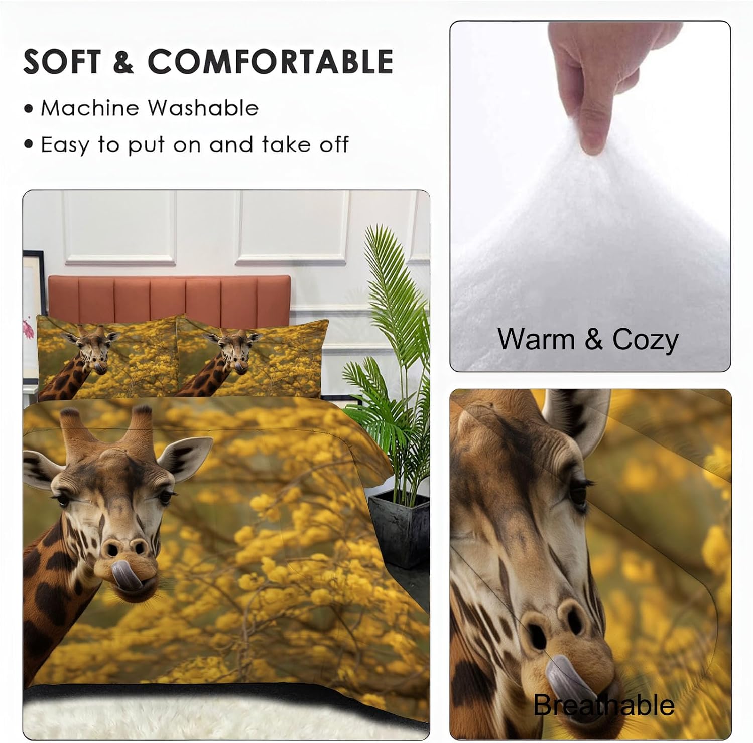 Natural Animals Comforter Set King Size, Giraffe Bedding Set for Girls Boys, Yellow Quilt Bed 104"X90" Bedding Comforter Sets with 2 Pillowcase Room Decor