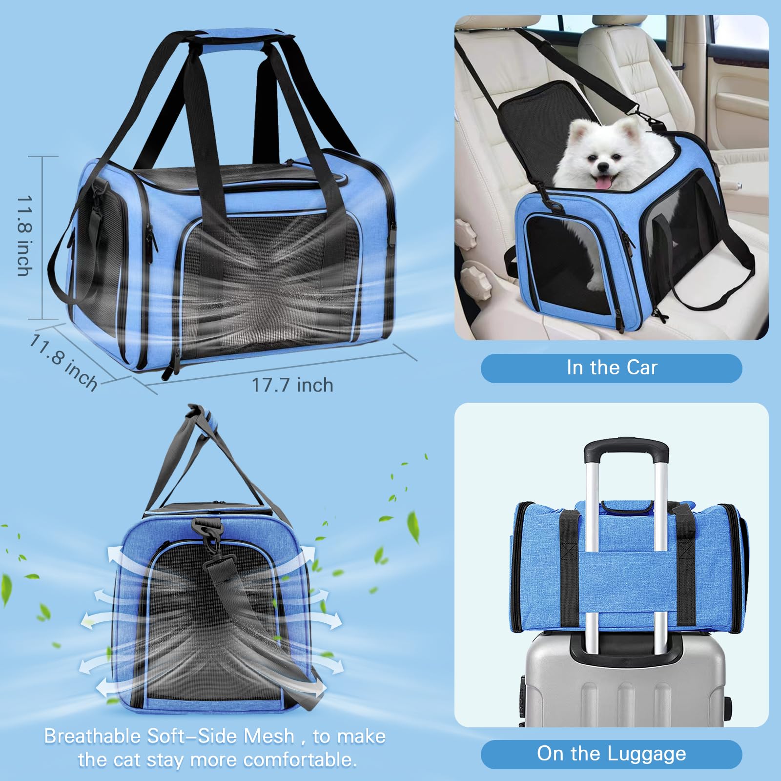 Cat Carrier Soft-Sided & Foldable Travel Litter Box for Cats, Fit 20Lbs Pets, 17.7' * 11.8 * 11.8 inches Cat Bag for Traveling & Camping, Indoor & Outdoor, Pet Carrier Kit, Blue - image 3