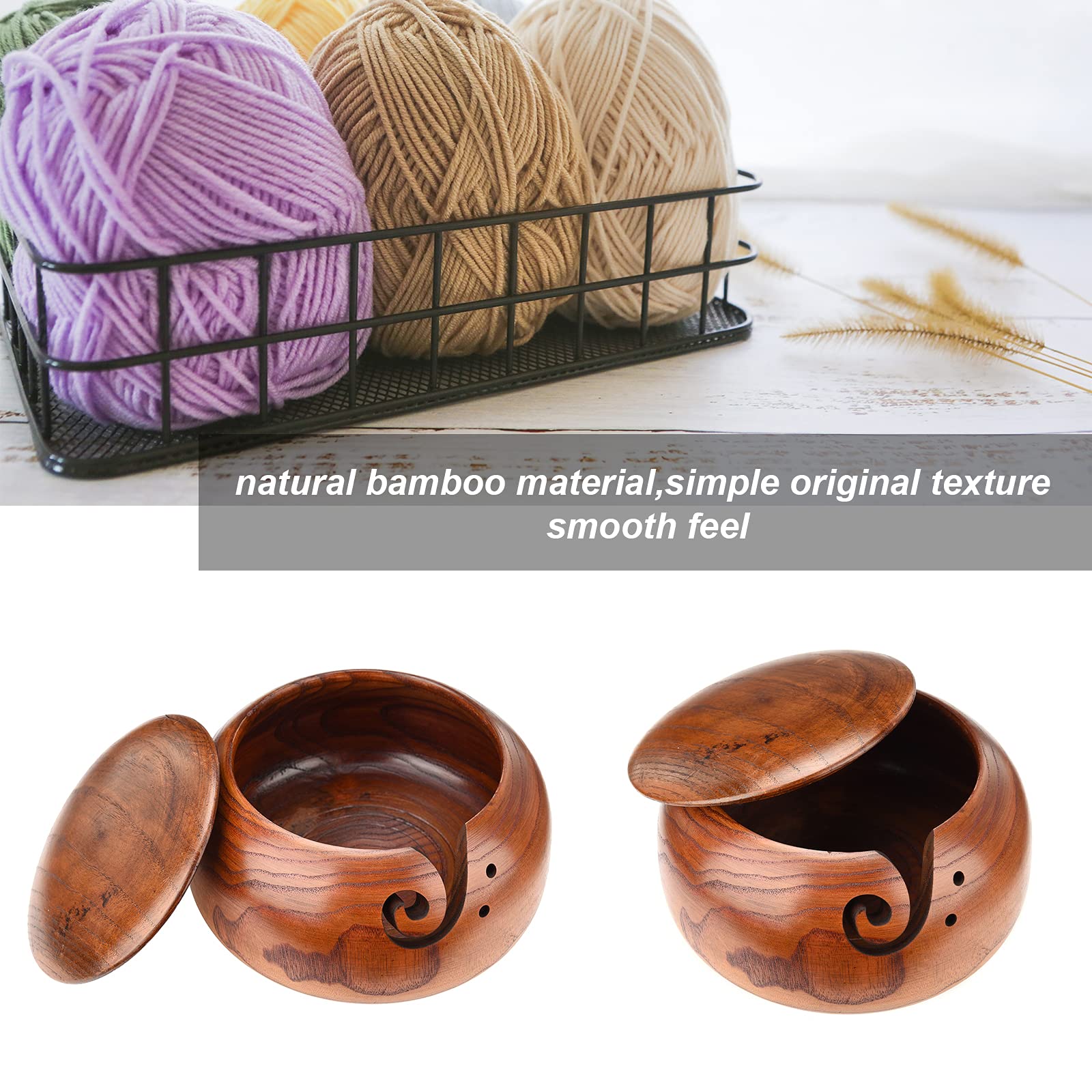 Cuenco de madera para hilo de ganchillo hecho a mano, soporte para hilo de tejer con tapa y agujeros, artesanía natural, cuenco de hilo perfecto para tejer y ganchillo