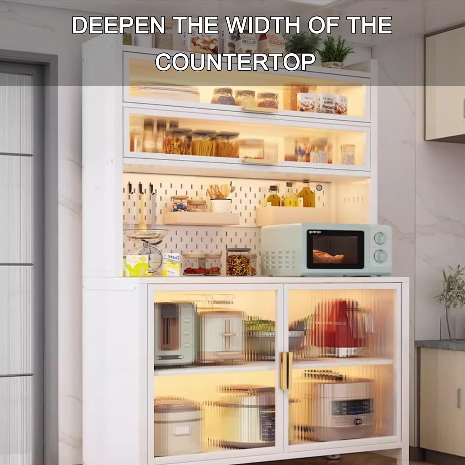 Kitchen Storage Cabinet, Microwave Stand with Flip-up Doors, Kitchen Pantry Storage Cabinet with Rolling Wheels, DIY Backplane Creative, Tall Cupboard for Kitchen, Living Room, Dining Room(White,80*42