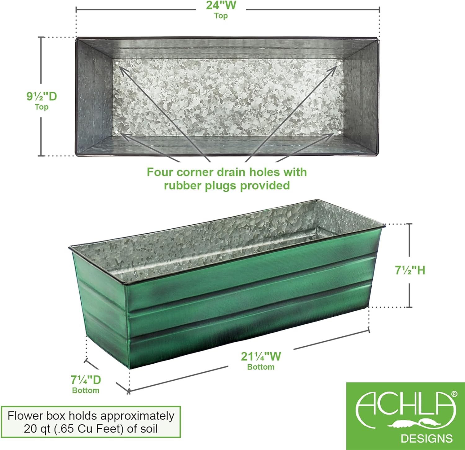 Achla Designs Galvanized Steel Flower Box, Green, Medium