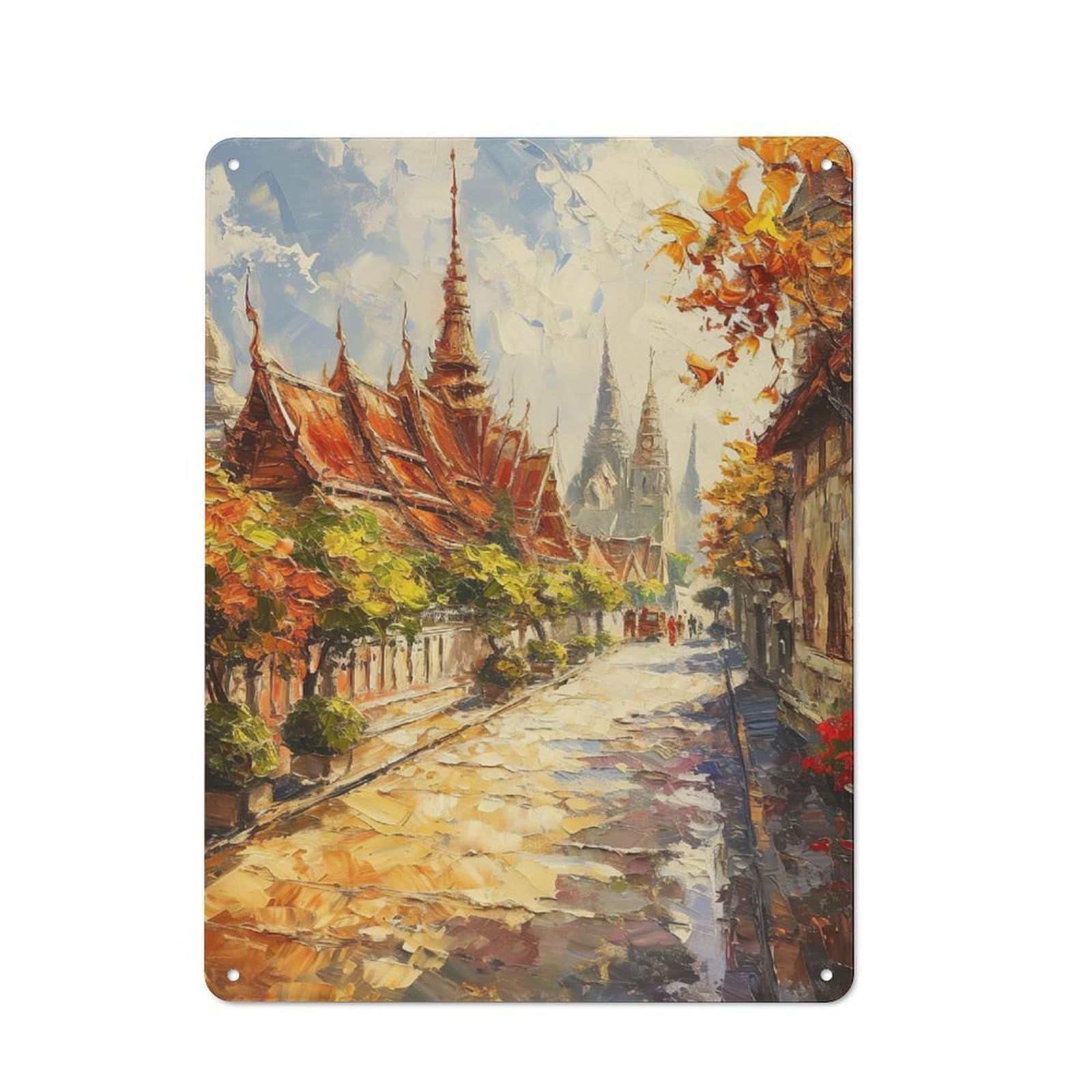 Junmoney Style-18 For Café Or Home Bar, Impressionistic Asian Temple Street Scene Painting Retro Metal Plaque 40X30cm, A Winter Wall Decor Update For Café-Style Decor Fans
