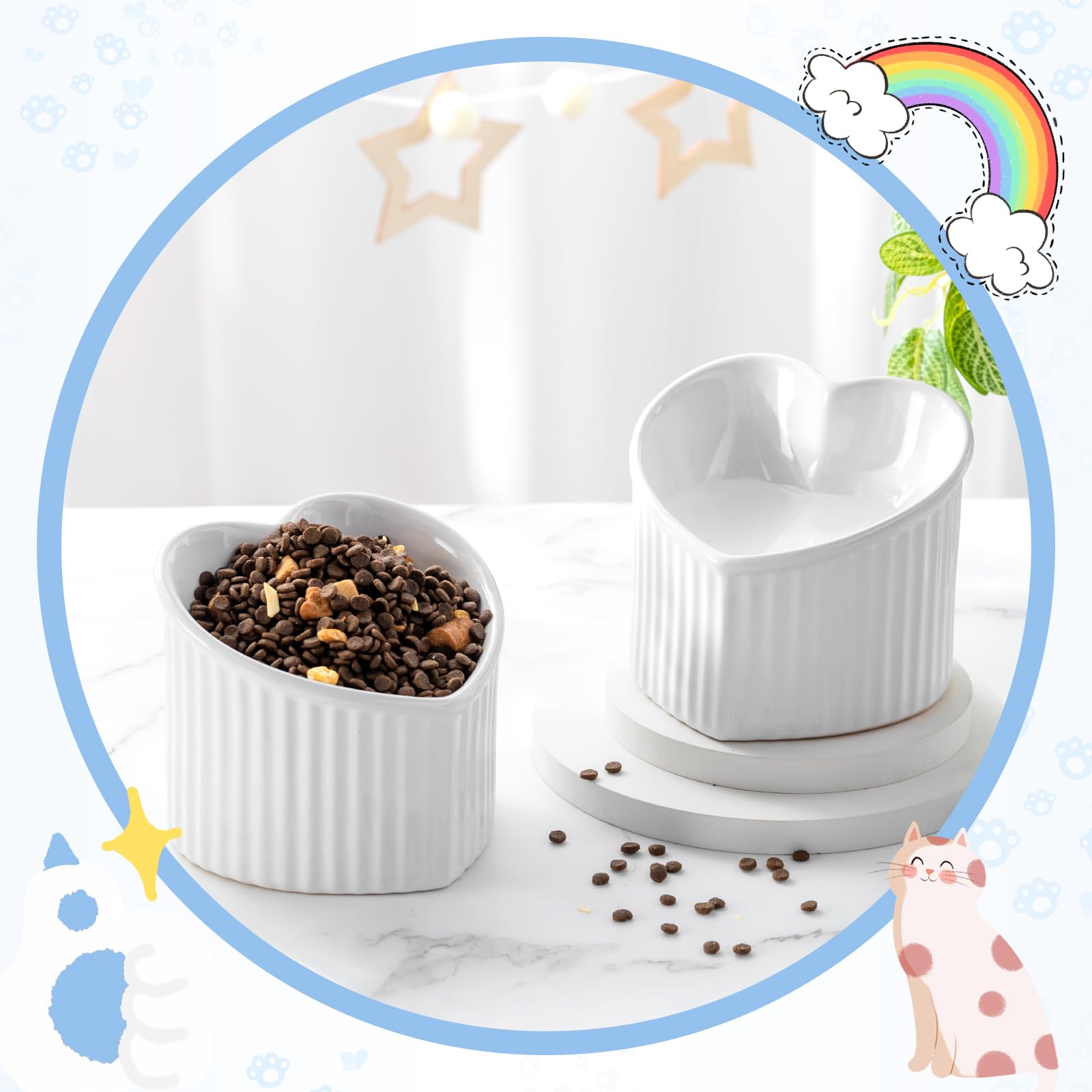 Mumufy 2 ciotole per gatti rialzate in ceramica inclinate rialzate per animali domestici, anti-vomito, per interni, senza stress, per cuccioli, a forma di cuore (bianco perlato)