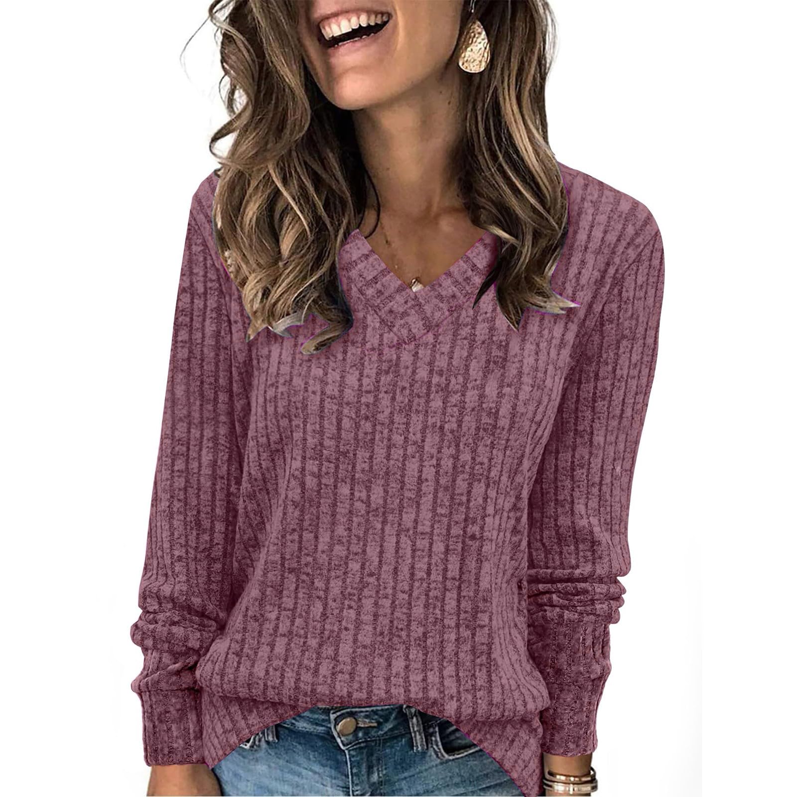Spring Tops for Women 2026 Basic Lightweight Pullover Warm Winter V Neck Shirts Long Sleeve Shirts Clothing