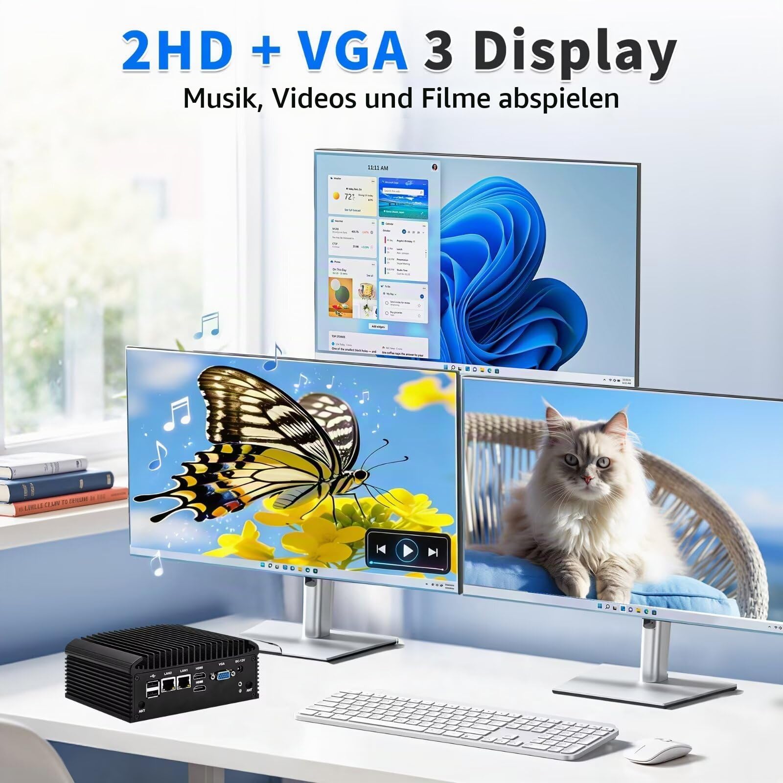 Mini PC Lüfterlos N150 (N100 Upgrade), DDR4 8GB RAM 128GB NVMe SSD, 2 Gigabit LAN Lüfterlos Industrie PC, Linux Fanless Desktop Computer, 4 x RS232 COM, 4USB3.0, 2USB2.0, Auto Power On