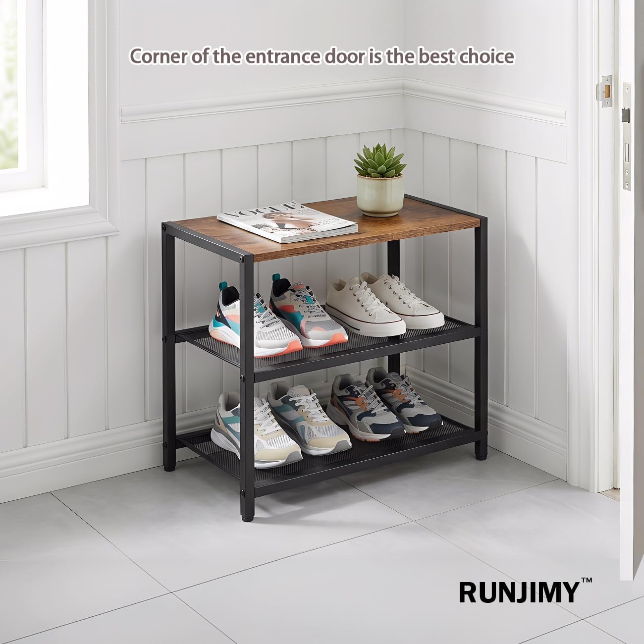 3-Tier Wooden Shoe Rack with Metal Mesh Shelves - for Entryway, Closet, Hallway & Bedroom Holds 6 Pairs, Ideal for Storage or Display