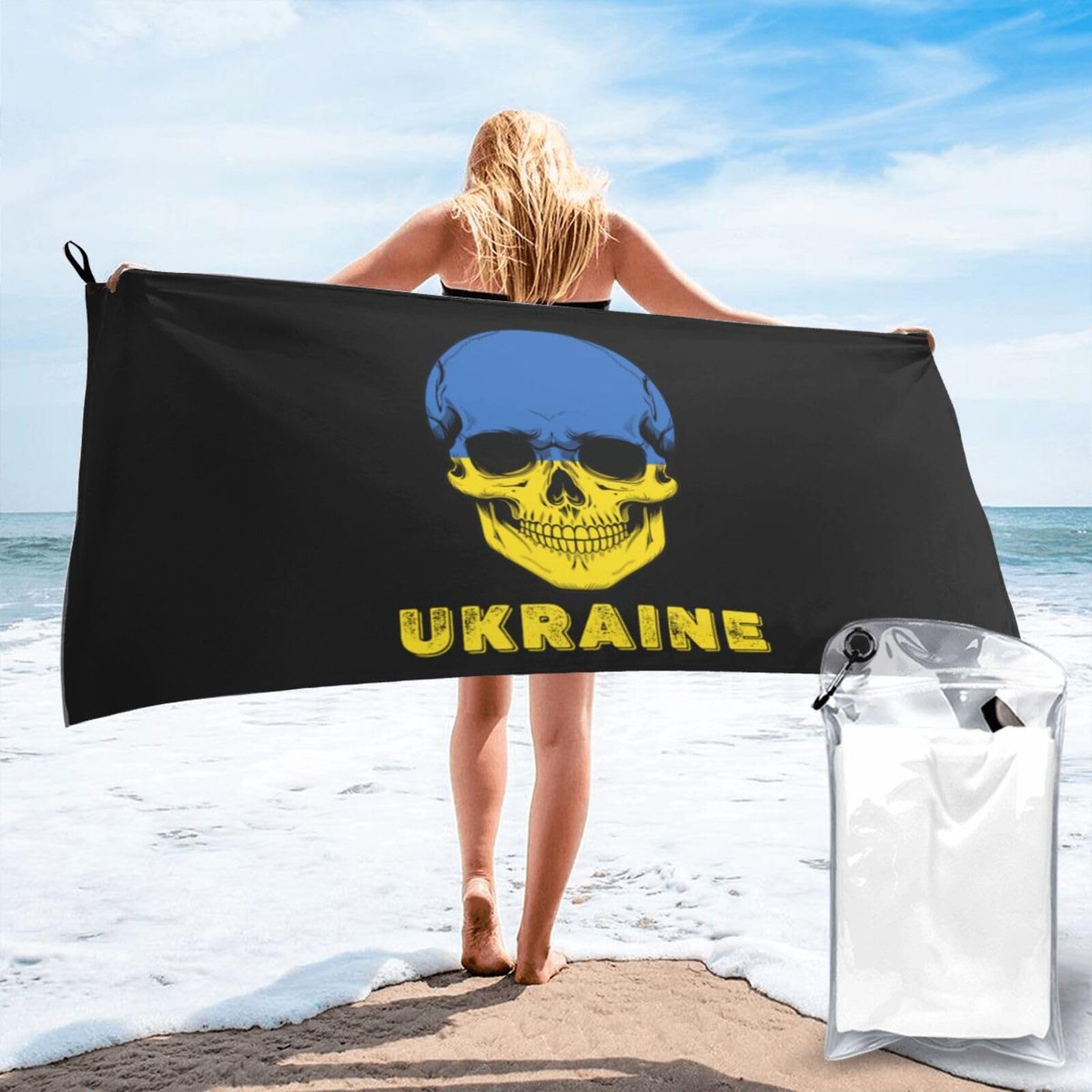HACXZ Skull Ukraine Flag Lightweight Absorbent Beach Towel Microfiber Beach Towel 27.5"X55"