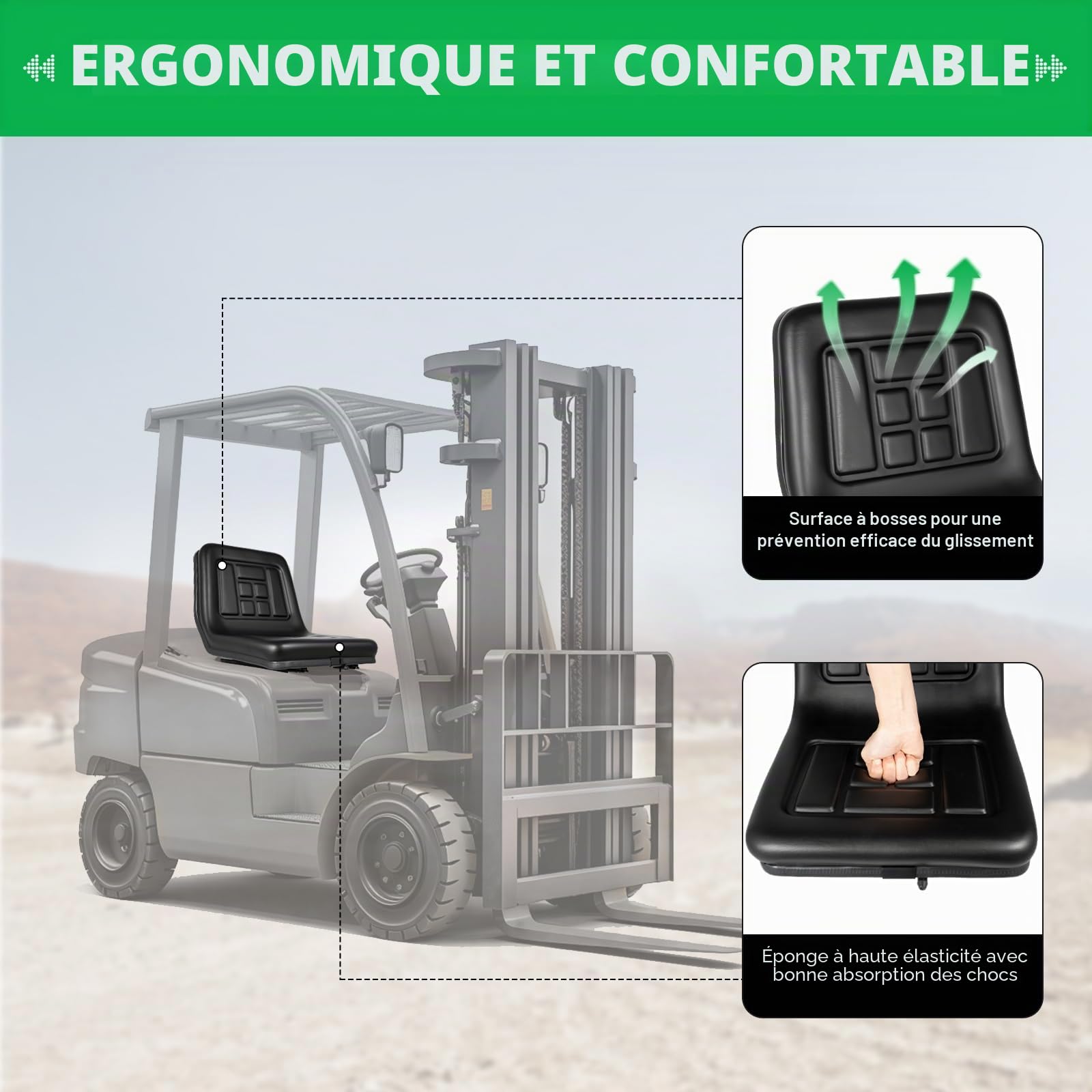 MINRS Siège de tracteur universel avec dossier en cuir PVC imperméable noir pour tracteur, chariot élévateur, pelleteuse, tondeuse à gazon et benne basculante