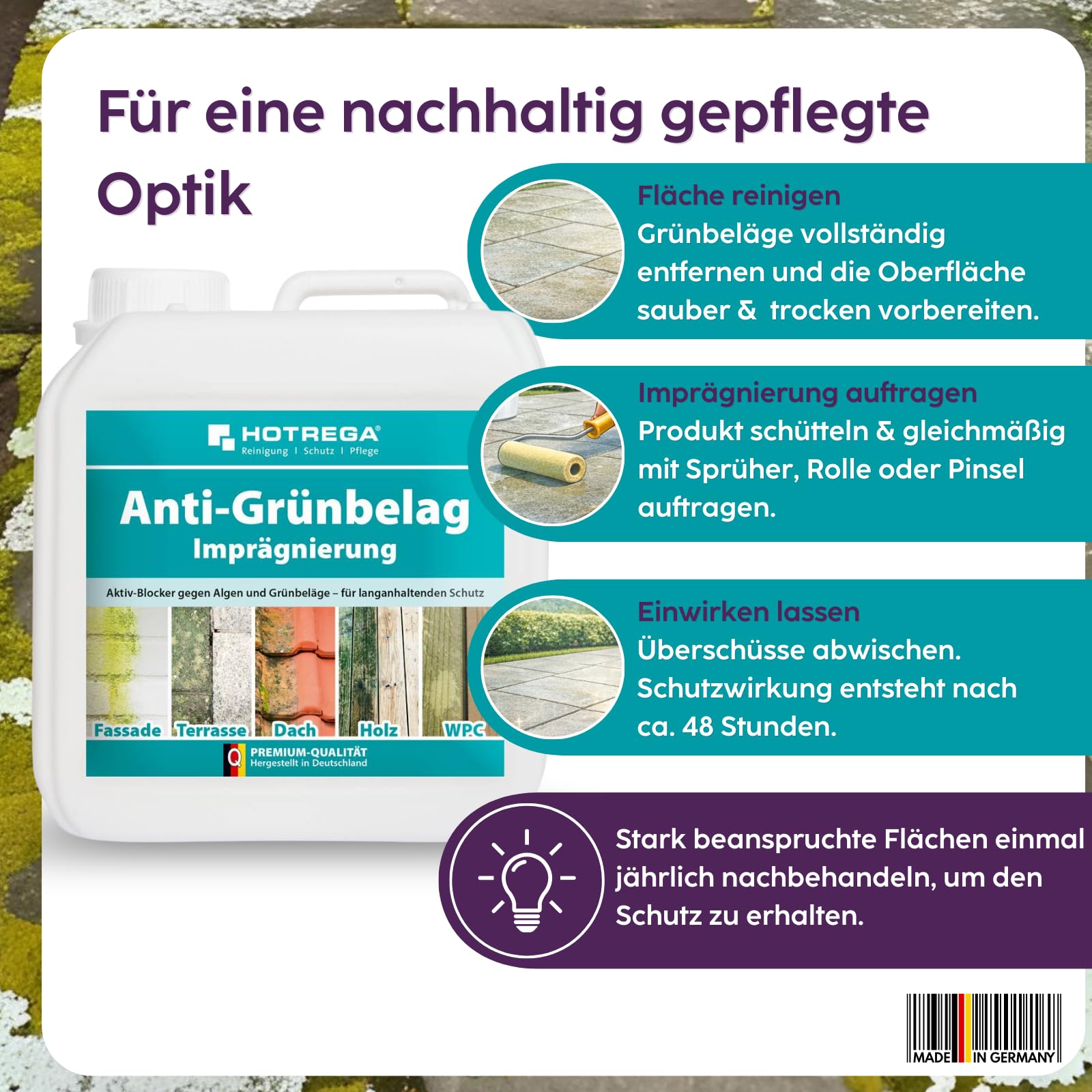 HOTREGA Anti-Grünbelag Imprägnierung 2 L | Schutz gegen Algen, Moos & Pilze | Gebrauchsfertig für Holz, Stein, Beton & WPC | Beugt Neubefall vor | Lösemittelfreier Langzeitschutz für Außenflächen