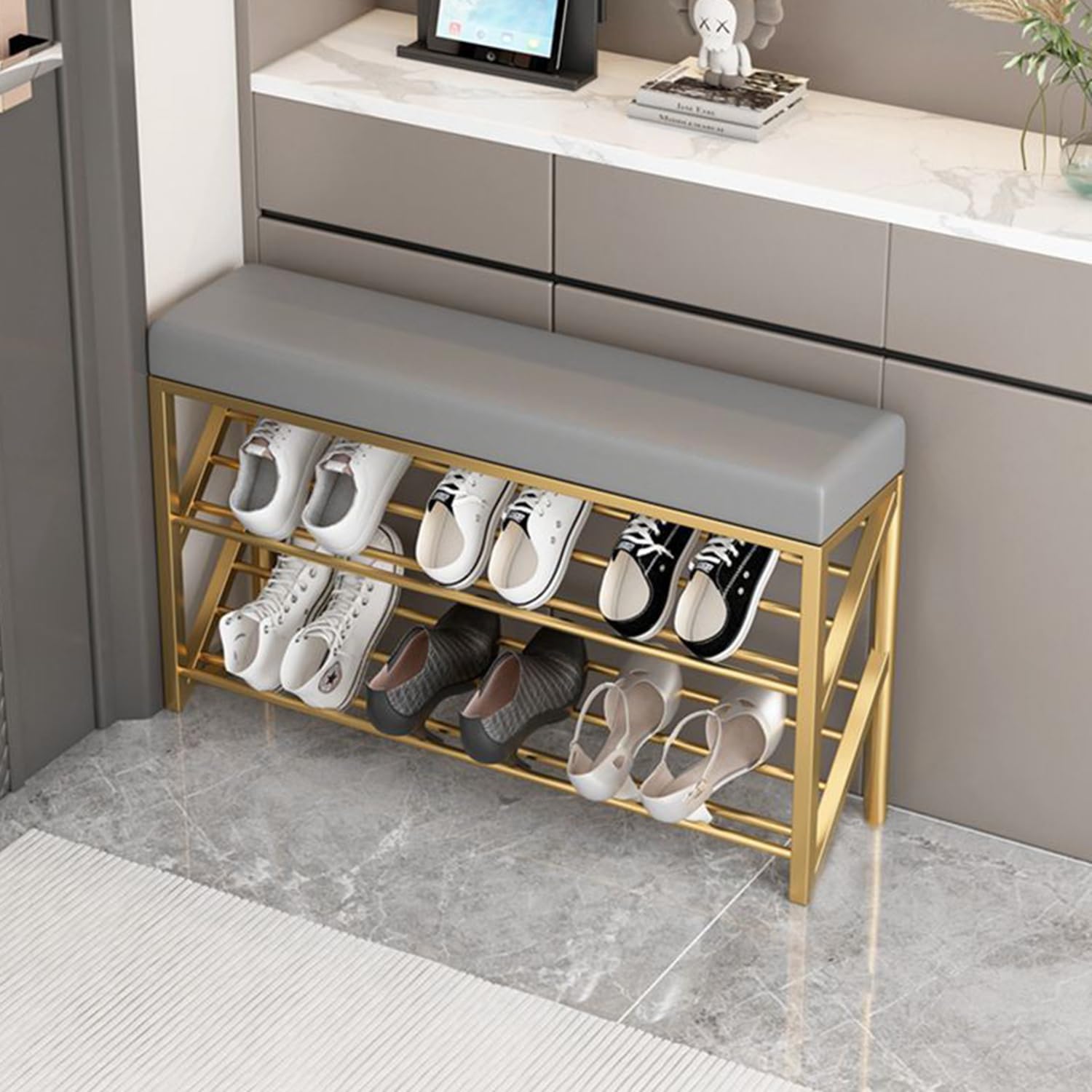 MSHGSKU 20cm Narrow Shoe Bench with Cushion 2-Tier Shoe Storage Rack Entryway Gray Seating Stool for Door or Living Room Space-Saving Design for Small Areas