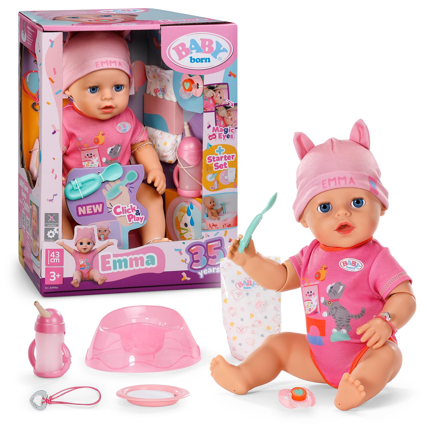 BABY born Emma, z funkcją Click & Play – lalka niemowlęca 43 cm z 10 funkcjami i akcesoriami, działa bez baterii