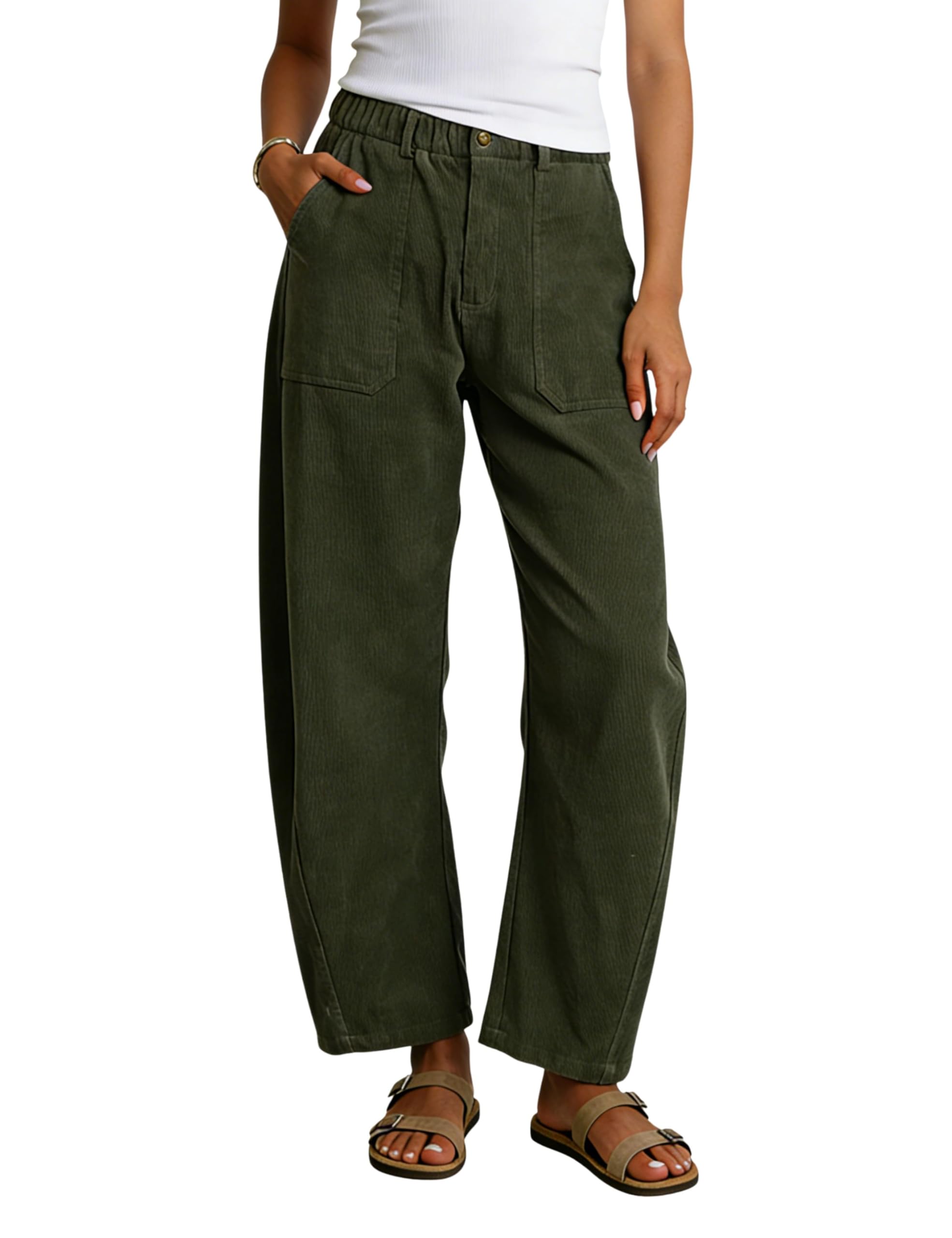 Tanming Womens Corduroy Barrel Pants Wide Leg High Waisted Trousers Loose Palazzo Pants with Pockets