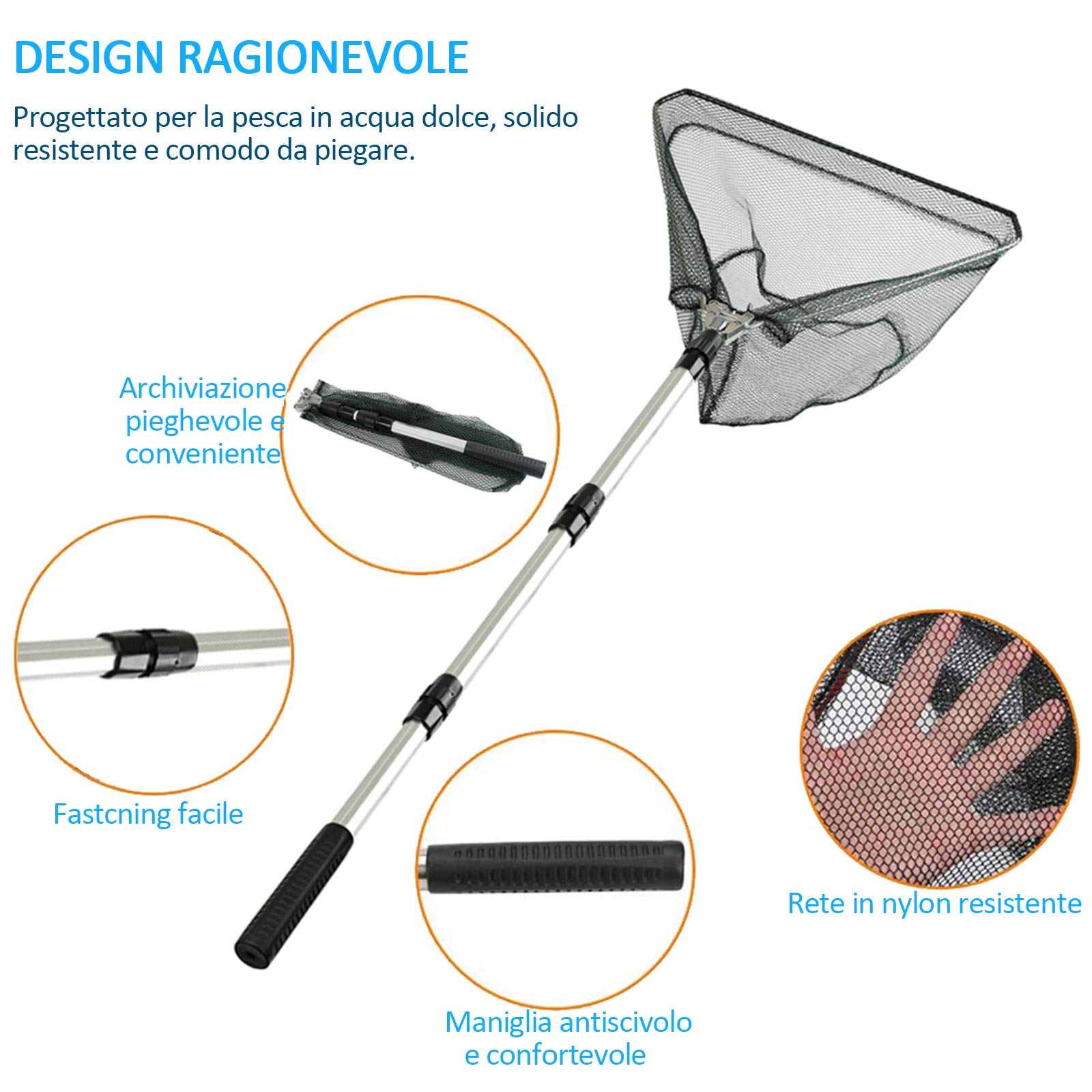 Retino telescopico da pesca pieghevole, 1,5 m, con manico
