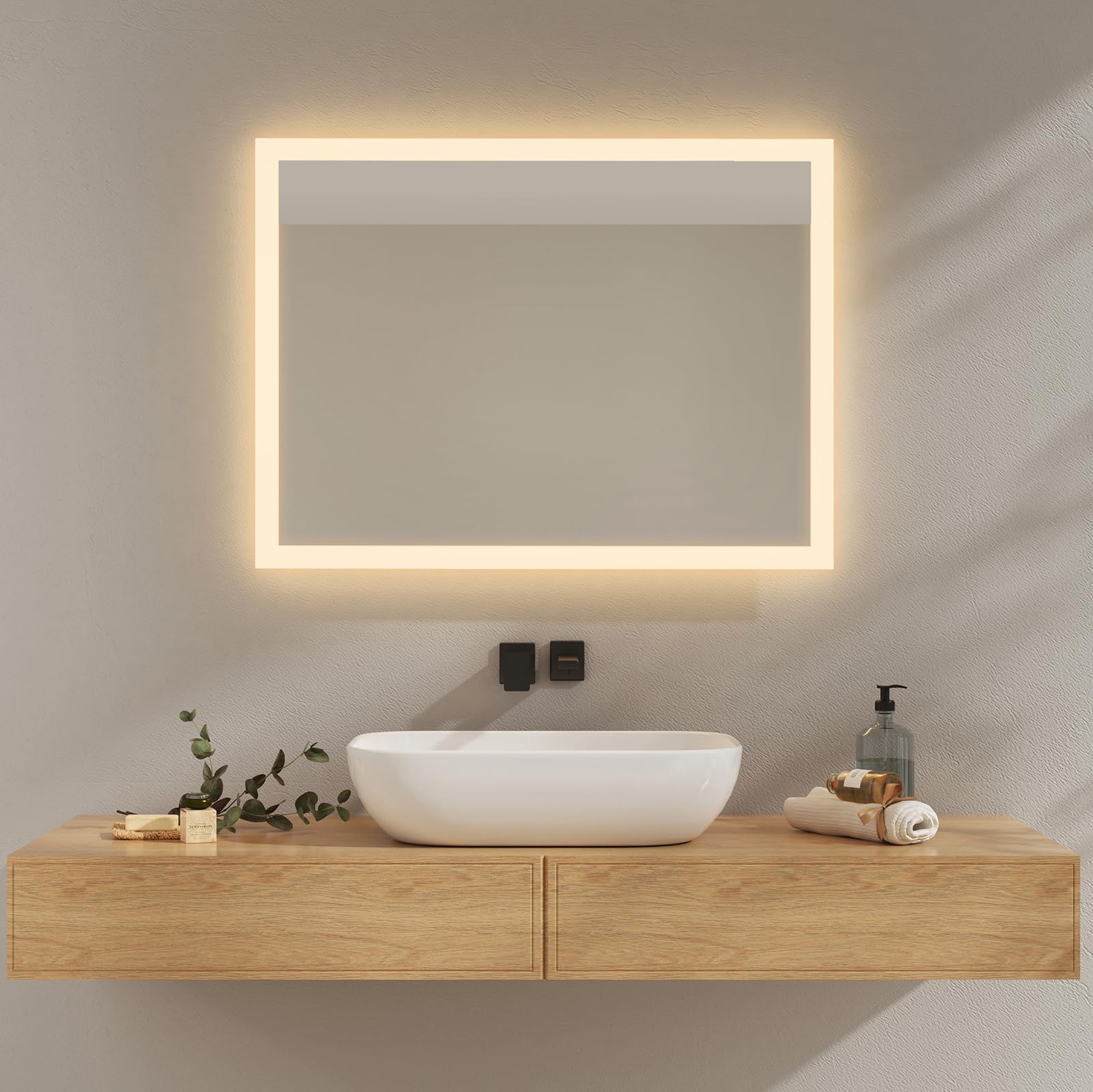 EMKE Espejo Baño con Luz Led 60x80 cm, Espejo de baño LED 3000K Blanco cálido, Interruptor de Pared, Instalación Vertical/Horizontal, Espejo Anti-explosión IP44, Ahorro de energía,LED Espejo