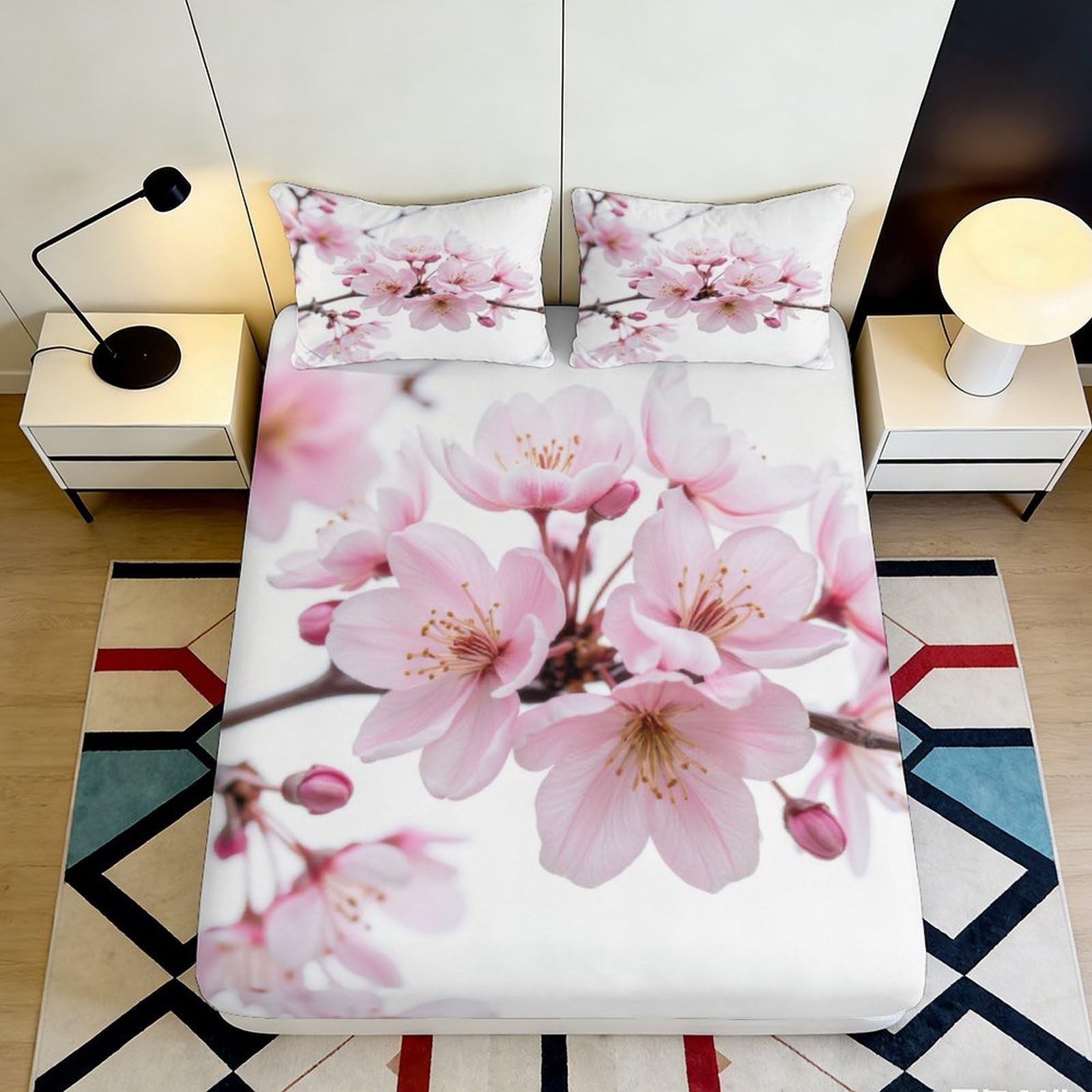 3D Printed Sakura Pattern Fitted Sheet Microfiber Non-Slip Deep Pocket Sakura Mattress Fitted Cover Washable Bedding 140x200x25cm