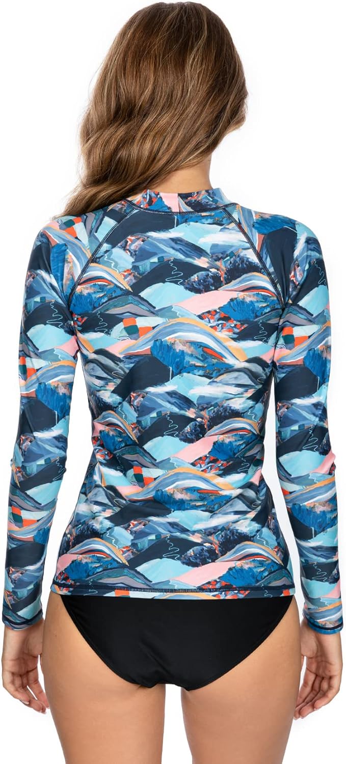 AXESEA Women Long Sleeve Rash Guard UPF 50+ UV Sun Protection Zip Front Swimsuit Shirt Printed Surfing Shirt Top