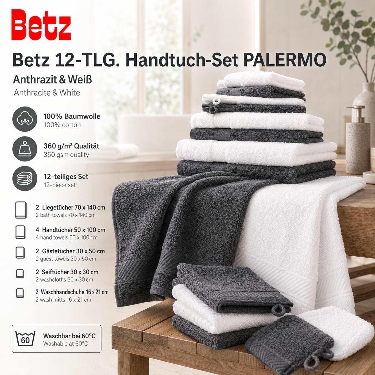 Betz Lot de 12 pièces 100% Coton Palermo 2 draps de Bain 4 Serviettes de Toilette 2 d'invités 2 lavettes 2 Gants de Toilette Couleur Anthracite et Blanc