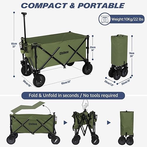 Miniatura 3 de Chihee Carro plegable de playa, carrito de jardín resistente con 2 portavasos, carrito de campamento para ruedas cardán con sistema de frenado, tela
