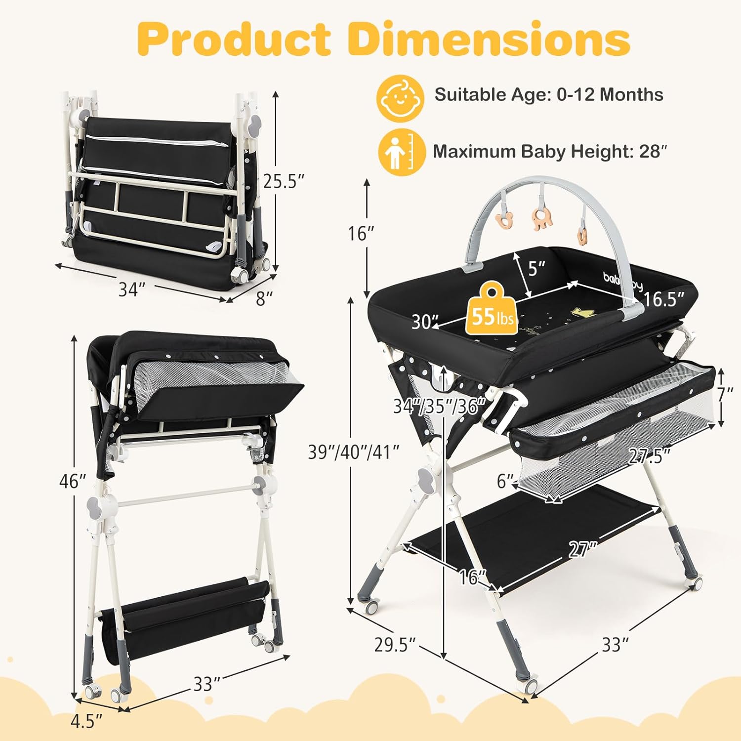 BABY JOY Portable Baby Changing Table, Foldable Diaper Changing Station with Wheels, Adjustable Height, Large Storage Rack, Removable Activity Arch, Mobile Nursery Organizer for Newborn Infant (Black)