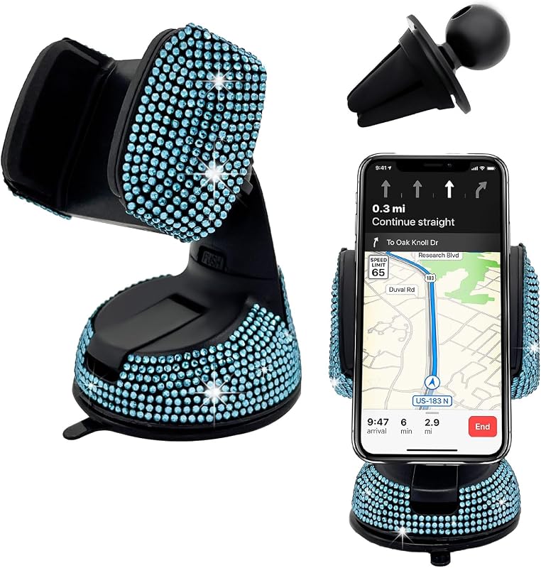 Bling Car Phone Holder, 360 Degree Adjustable Crystal Auto Dashboard Air Vent Cell Phone Mount, Universal Car Phone Holder Mount for Windshield Dashboard and Air Outlet (Lake Blue)