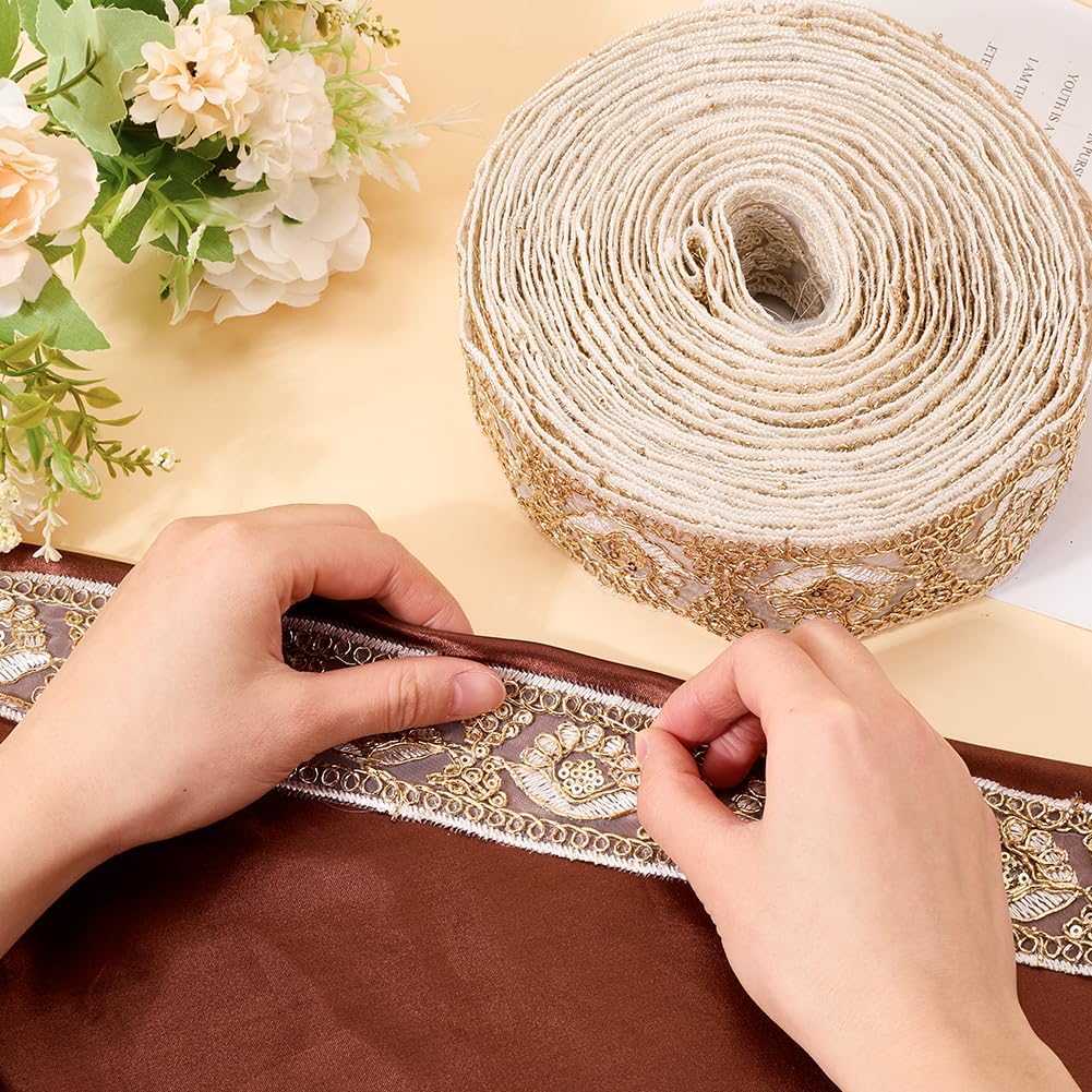 GORGECRAFT 13.7m Gold Sequins Lace Mesh Trim 5cm Vintage Crochet Lace Ribbon Applique Sewing Craft Supplies Metallic Venice Flower Embroidery Edge Trimming for Curtain Tablecloth Bridal Decor
