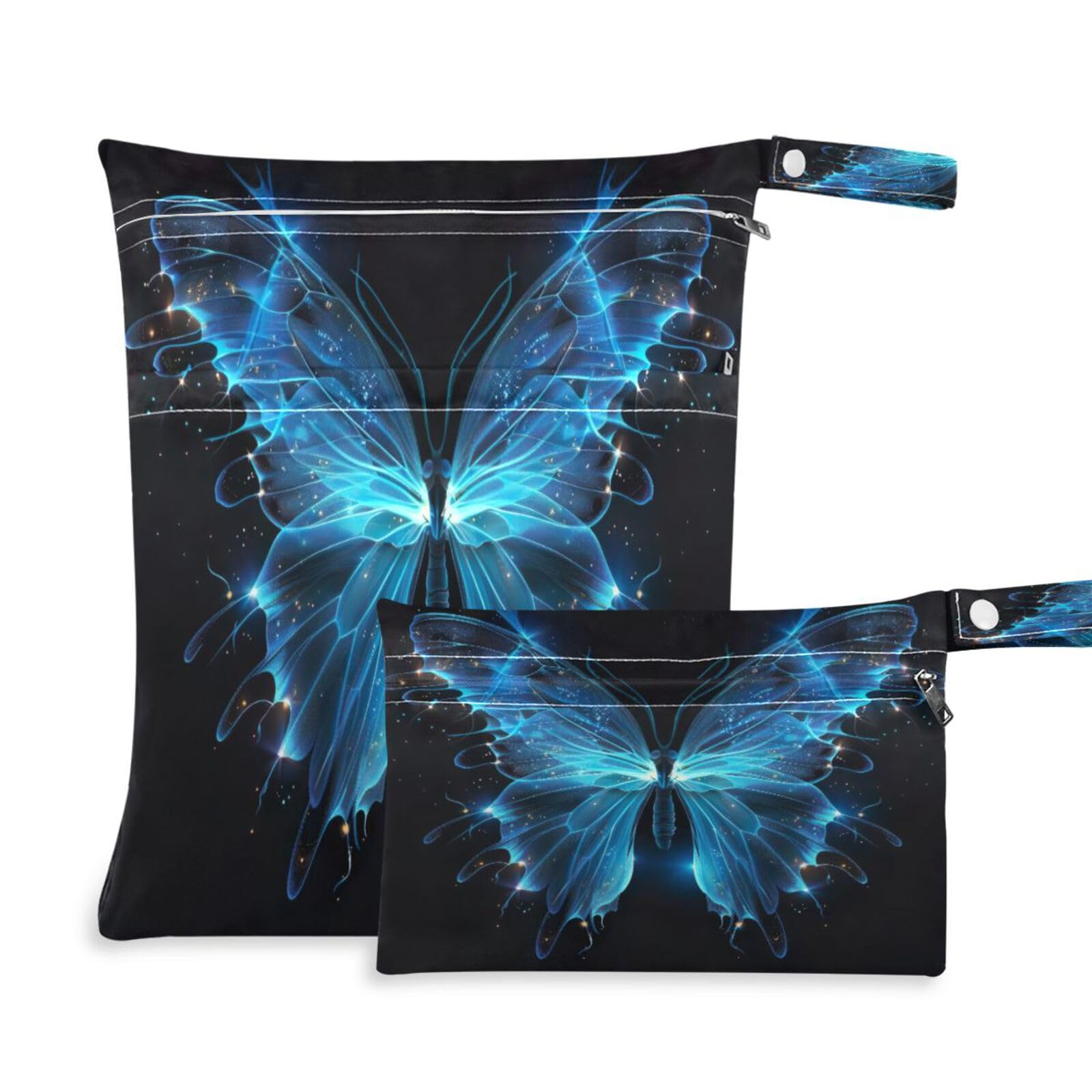 ATTX Blue Butterfly Wet Dry Bags 2-Pack - Reusable Cloth Diaper Storage for Travel, Beach & Gym | Multi-Use Waterproof Bags for Swimsuits, Baby Clothes, Sports Gear#376