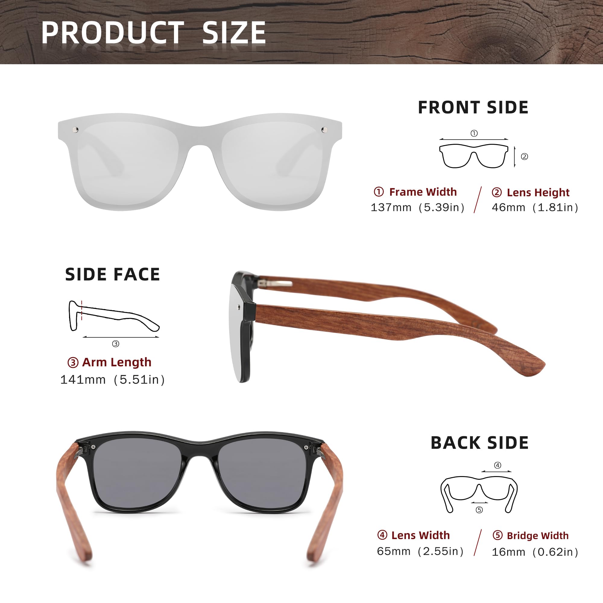 KINGSEVEN Wooden Sunglasses Polarized UV 400 Protection Mirrored Lenses Ultra Light Bubinga Frame B-5504 (Silver)