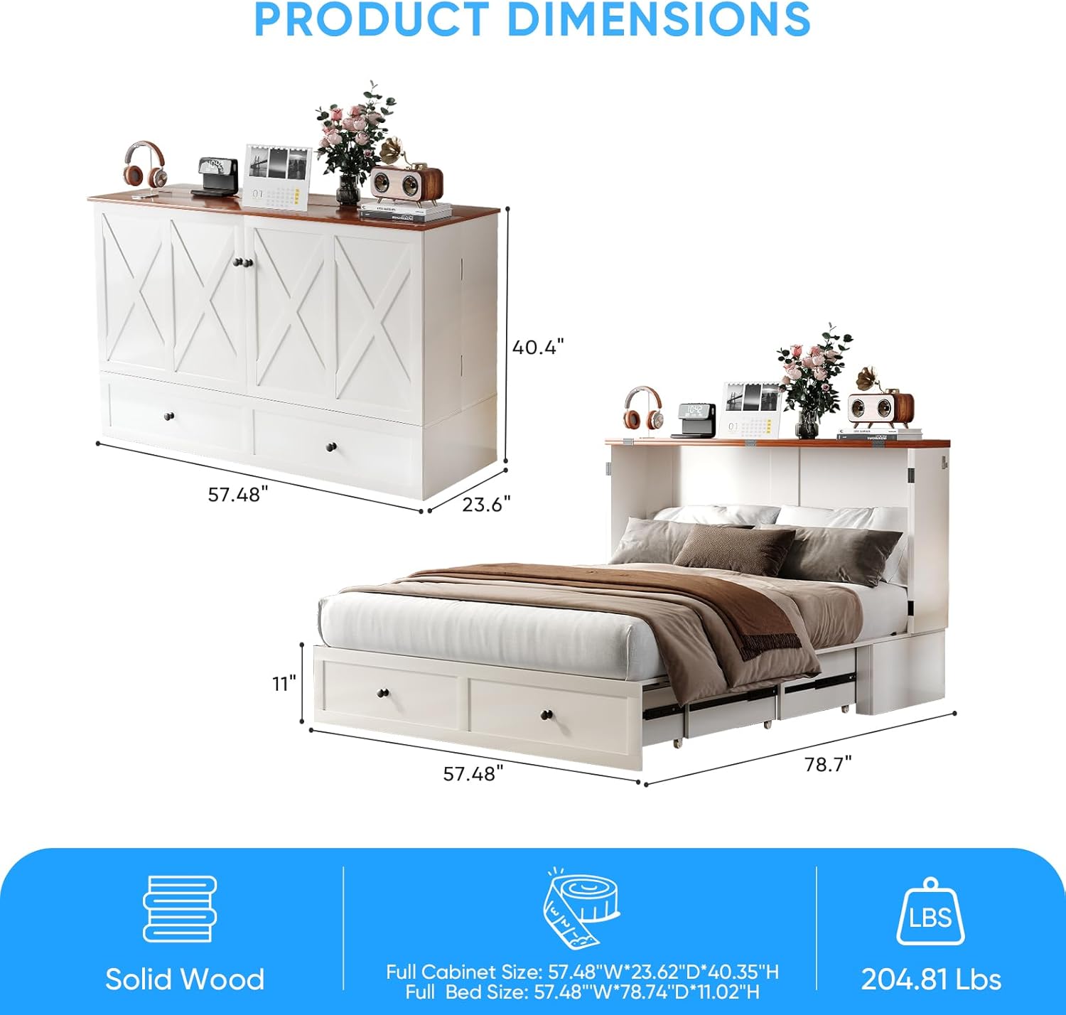 Mjkone Full Size Murphy Bed with USB Charging Station, Storage Drawers, Hidden Folding Cabinet Bed with Tri-Folding Mattress, Space Saving Wall Chest Beds for Guest Living Room Home Office, White