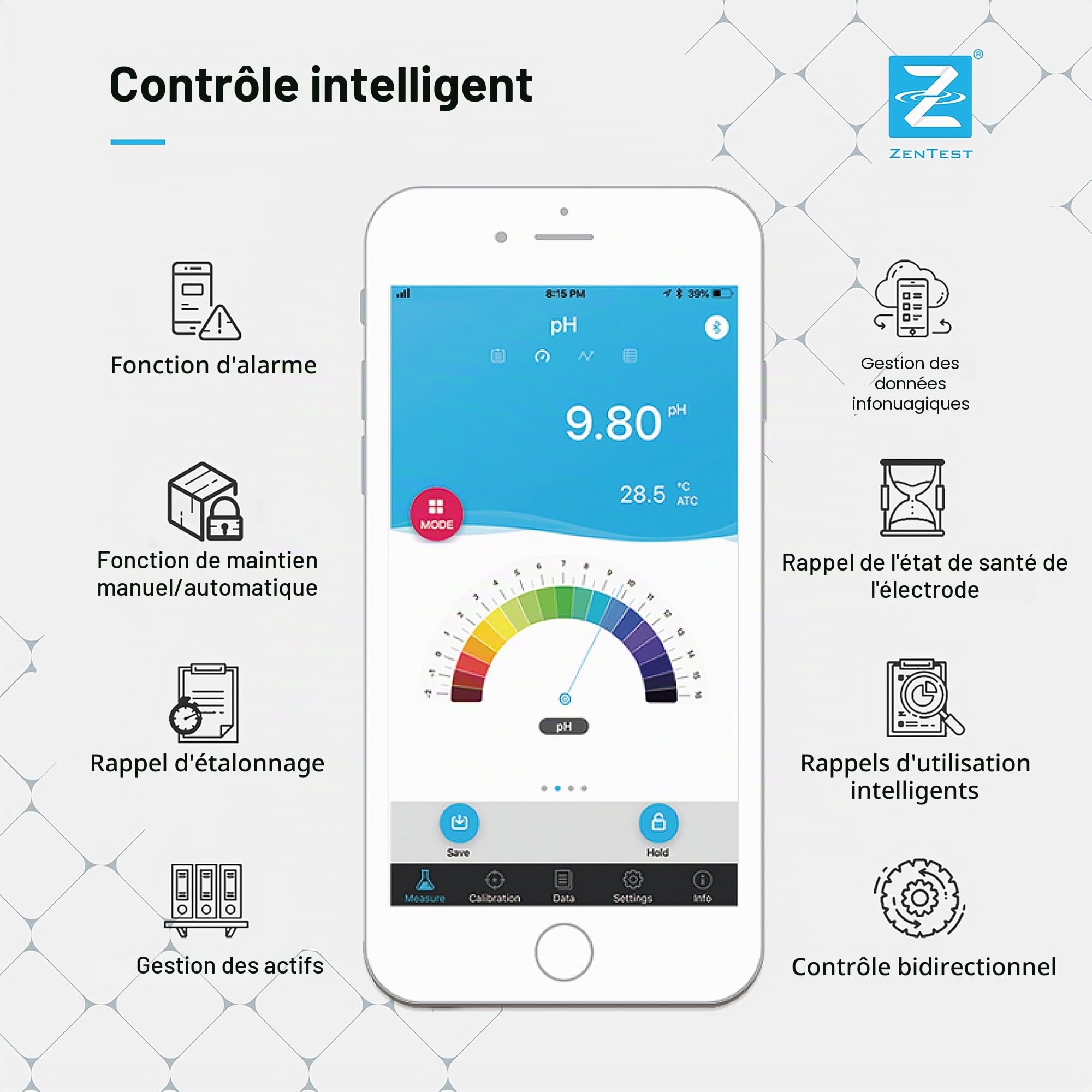 Apera Instruments PC60-Z Testeur de poche intelligent multi-paramètres alimenté par l'application ZenTest Mobile, AI3719