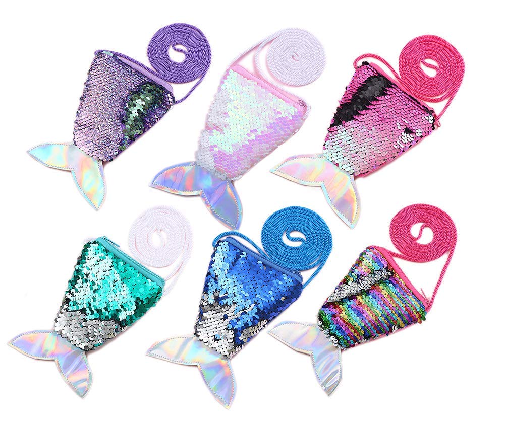 Ulalaza Mermaid Sequin Change Reversible Glitter Coin Purse Drawstring Backpack Waist Bag Magic Set with Bracelet Necklace