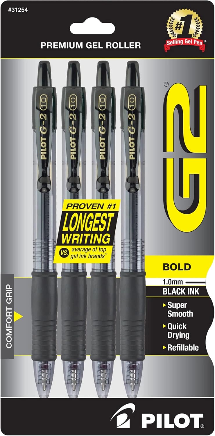 Pilot G2 Premium Gel Pens, Black Pens, Bold Point 1 mm, 4 Black