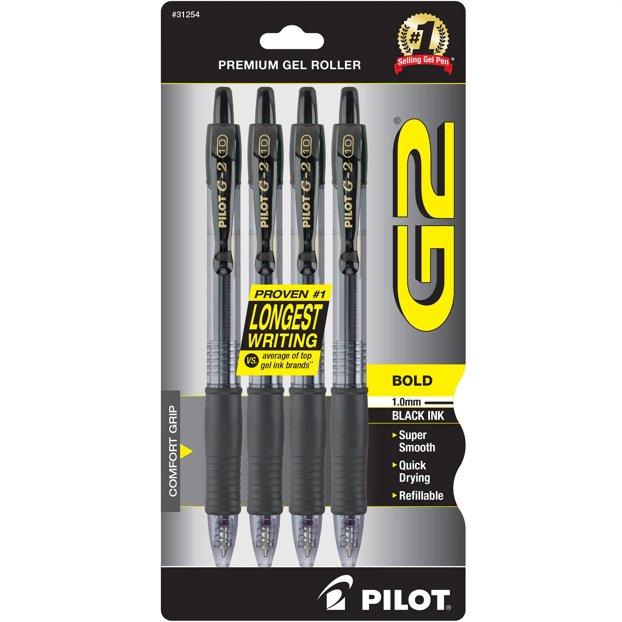 Pilot G2 Premium Gel Pens, Black Pens, Bold Point 1 mm, 4 Black