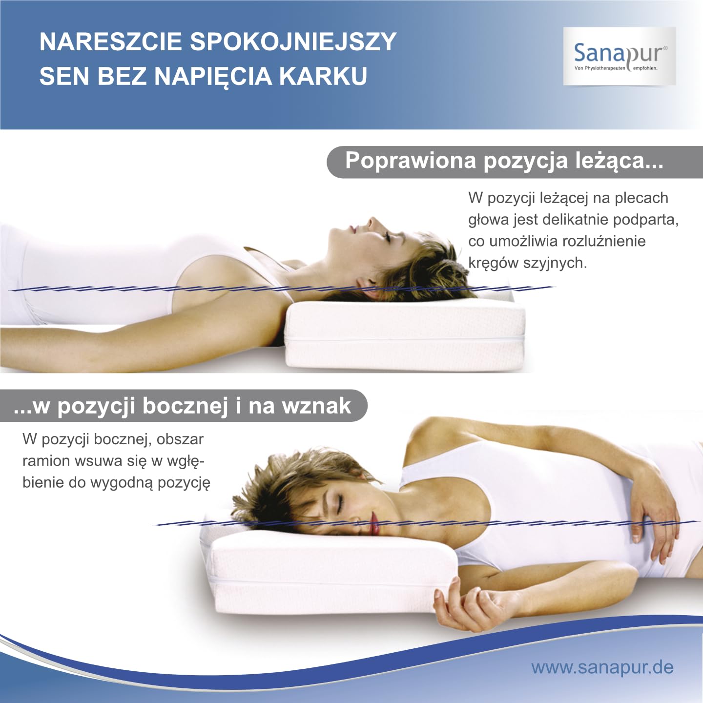 Poduszka Sanapur Original 4.0 - wersja Clima - poduszka ortopedyczna do spania na boku Wyprodukowana w Niemczech z lateksu Talalay/miękkiej pianki