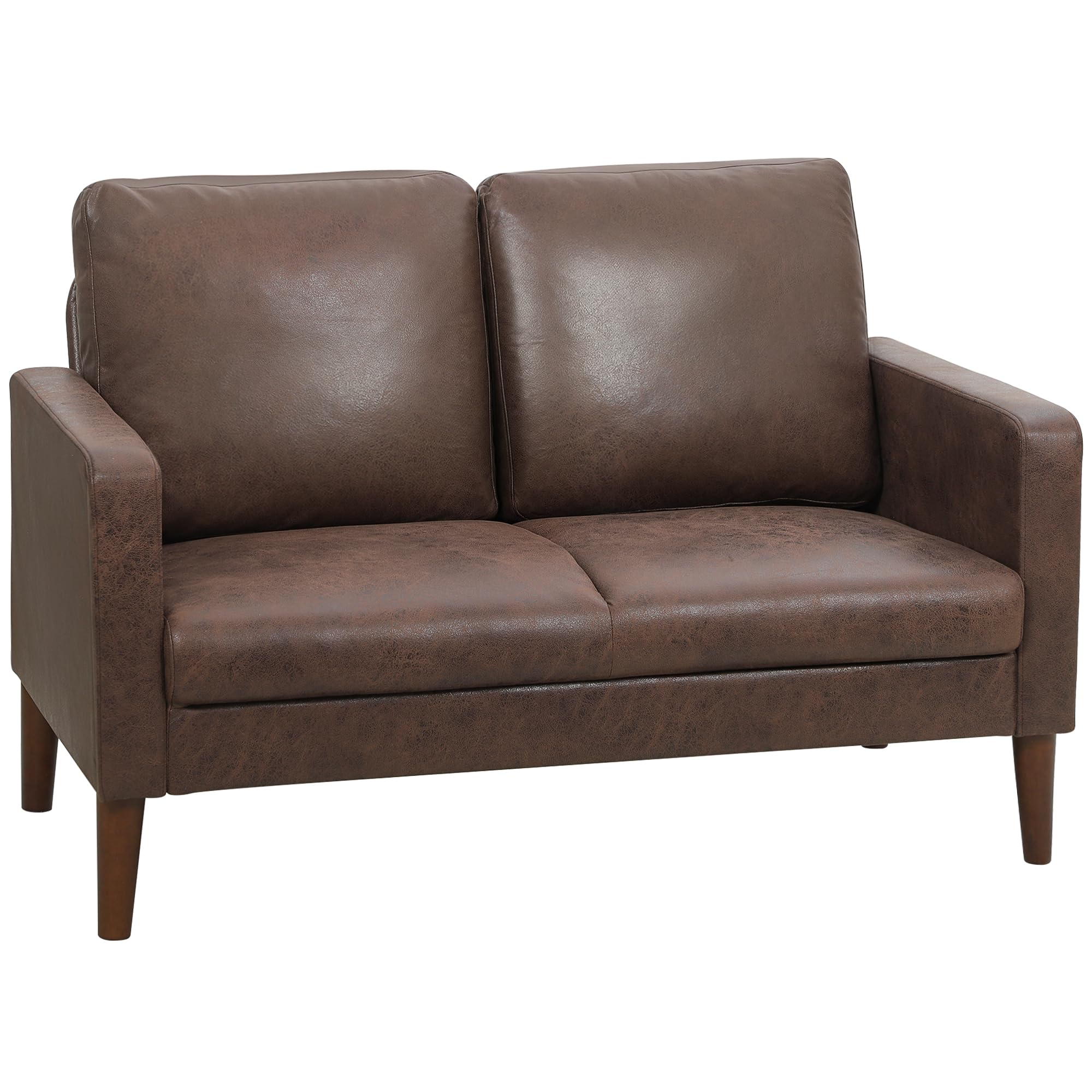 HOMCOM Divano 2 Posti Imbottito in Tessuto Effetto Pelle Traspirante con Cuscini e Gambe in Legno di Caucciù, Divanetto Salvaspazio con Braccioli per Soggiorno, Salotto, 130x78x85 cm, Marrone Scuro