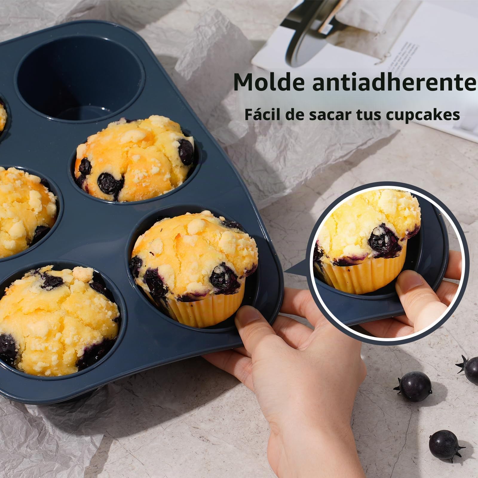 SUPER KITCHEN Grande Molde de Silicona para 6 Magdalenas, Bandejas para Hornear Muffin con Recubrimiento Antiadherente para Muffins, Cupcake, Brownie, Pudín 27,8 x 19 x 5 cm (Gris)