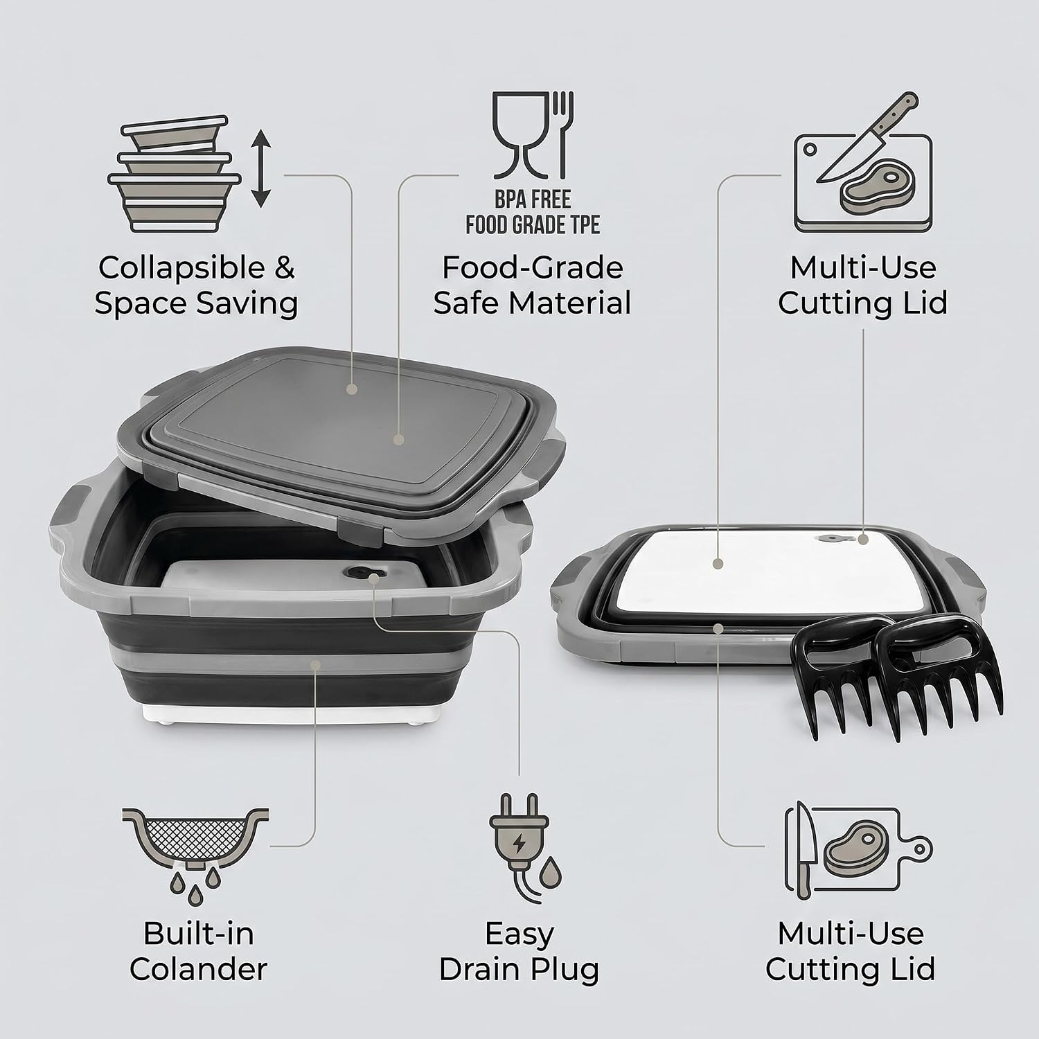 Collapsible BBQ Prep Tub with Lid & Bear Claw Shredders, 16L Foldable Camping Sink with Colander, Cutting Board – Marinade Container for Grilling, Tailgating, RV, Camping, Picnic