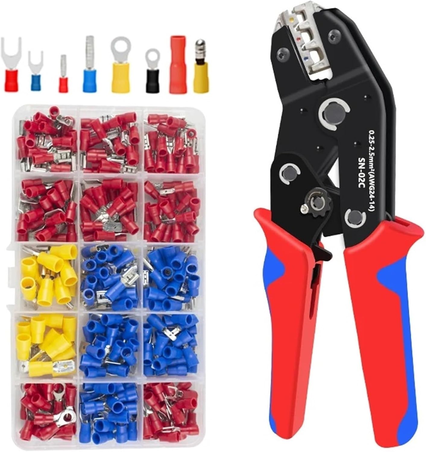 Hand Crimping Tool 0.25-2.5mm² Adjustable Crimper Plier 280pcs Cable Lugs Assortment Kit Insulated Wire Crimp Set SN-02C (Size : SN-02C 280PCS)