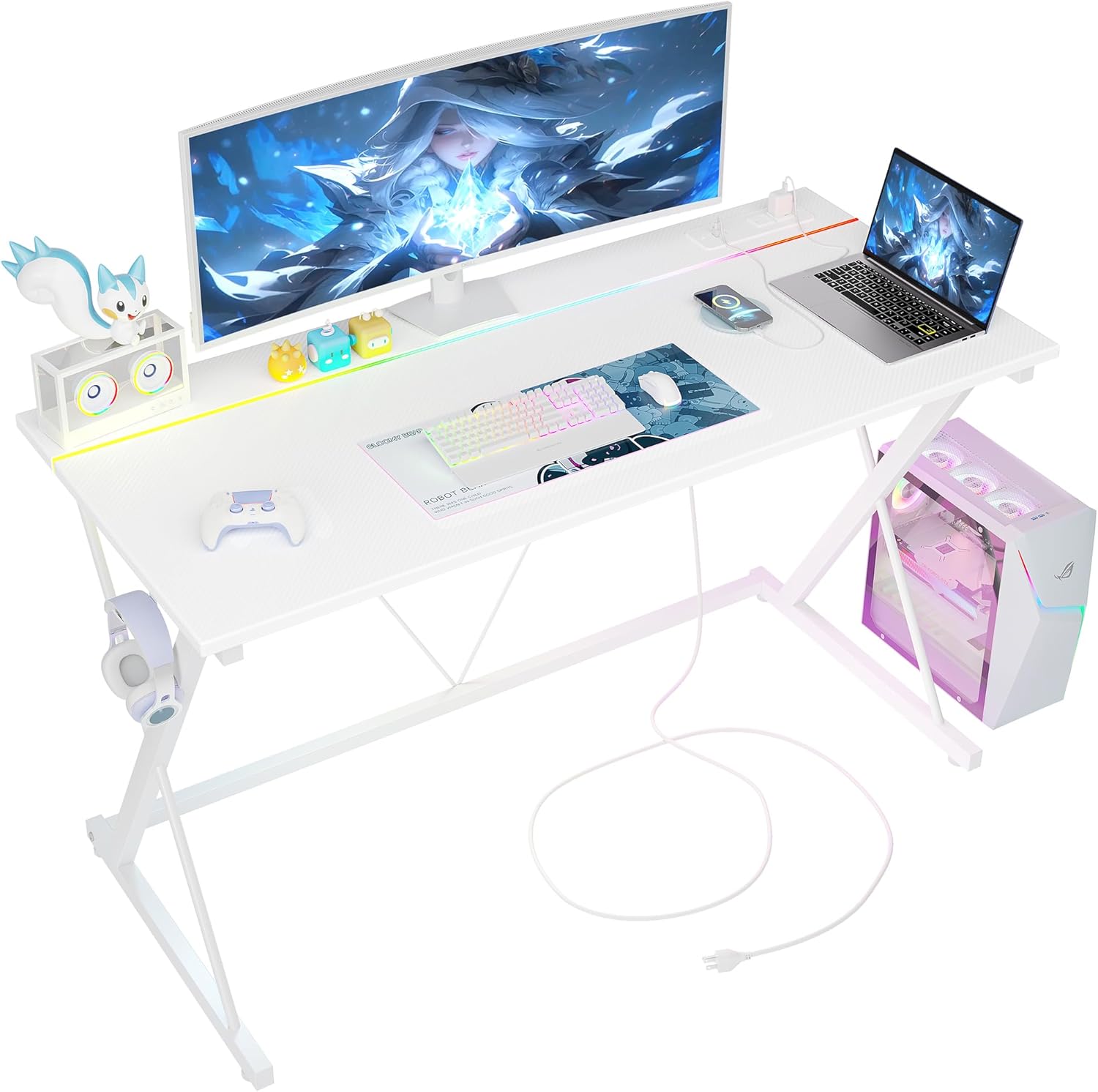TIQLAB 40 inch Gaming Desk with Outlets, LED, and Carbon Fiber Surface