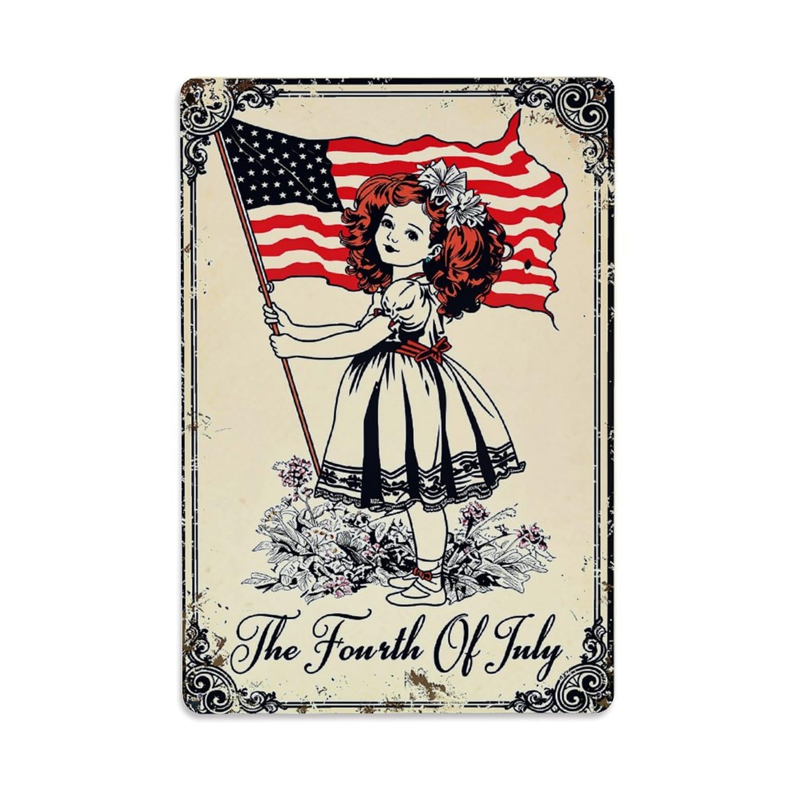 Nestemfo Girls Vintage Holding American Flag Tin Sign Metal Sign, Living Room,Bar, Home, Bedroom Wall Decor,Retro Metal Poster 8X12 Inches