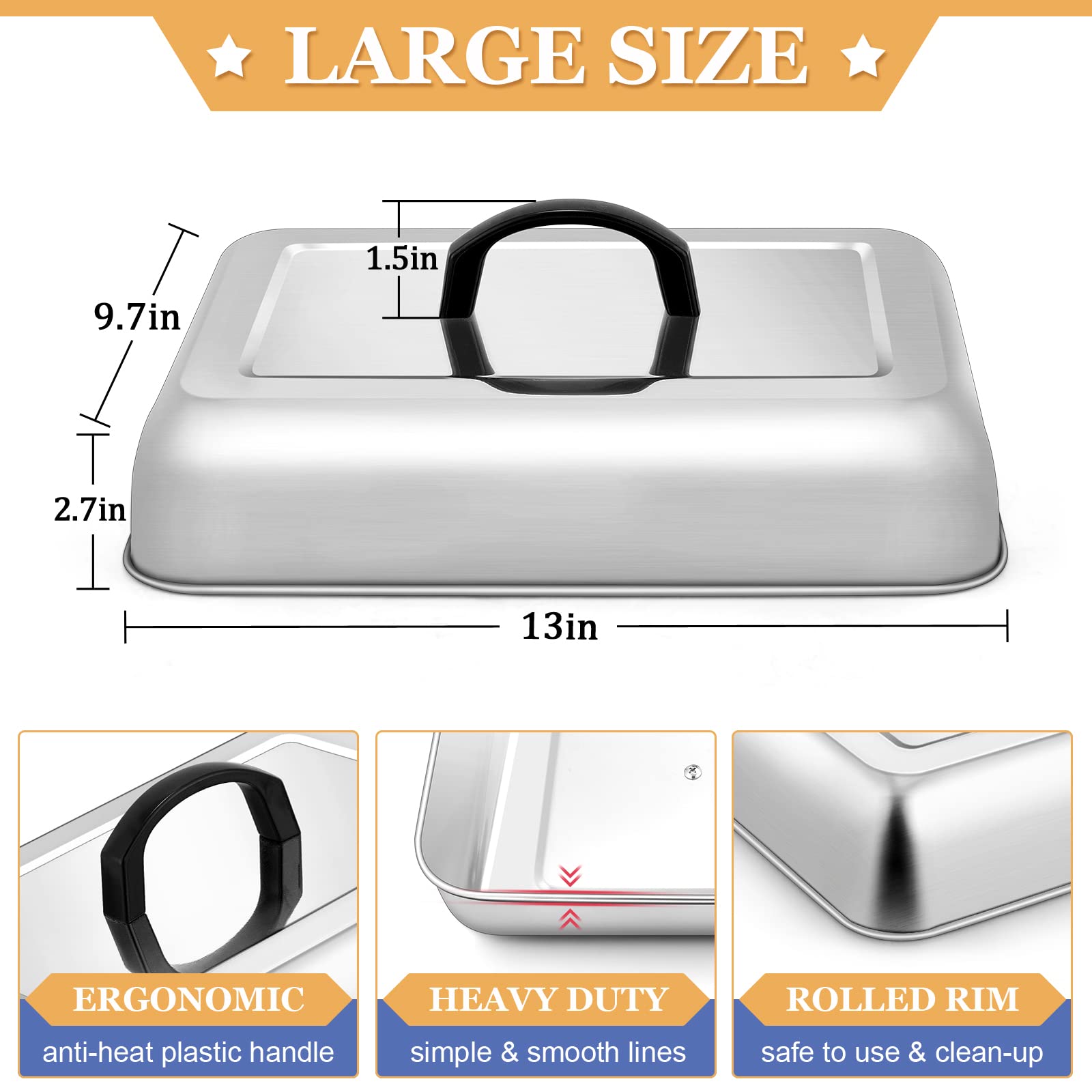 Rectangle Cheese Melting Dome, HaSteeL Stainless Steel Basting Cover for Flat Top Griddle BBQ Steaming Grilling Cooking Indoor & Outdoor, Large 13In & Small 9.3In, Heavy Duty & Dishwasher Safe(2 Pcs)