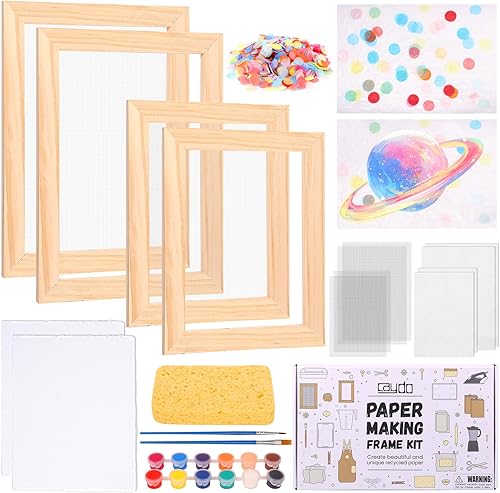 Caydo Kit de fabricación de papel de 18 piezas, tamaño A5 A6, molde de madera para fabricación de papel y cubierta con malla, papel absorbente, hoja