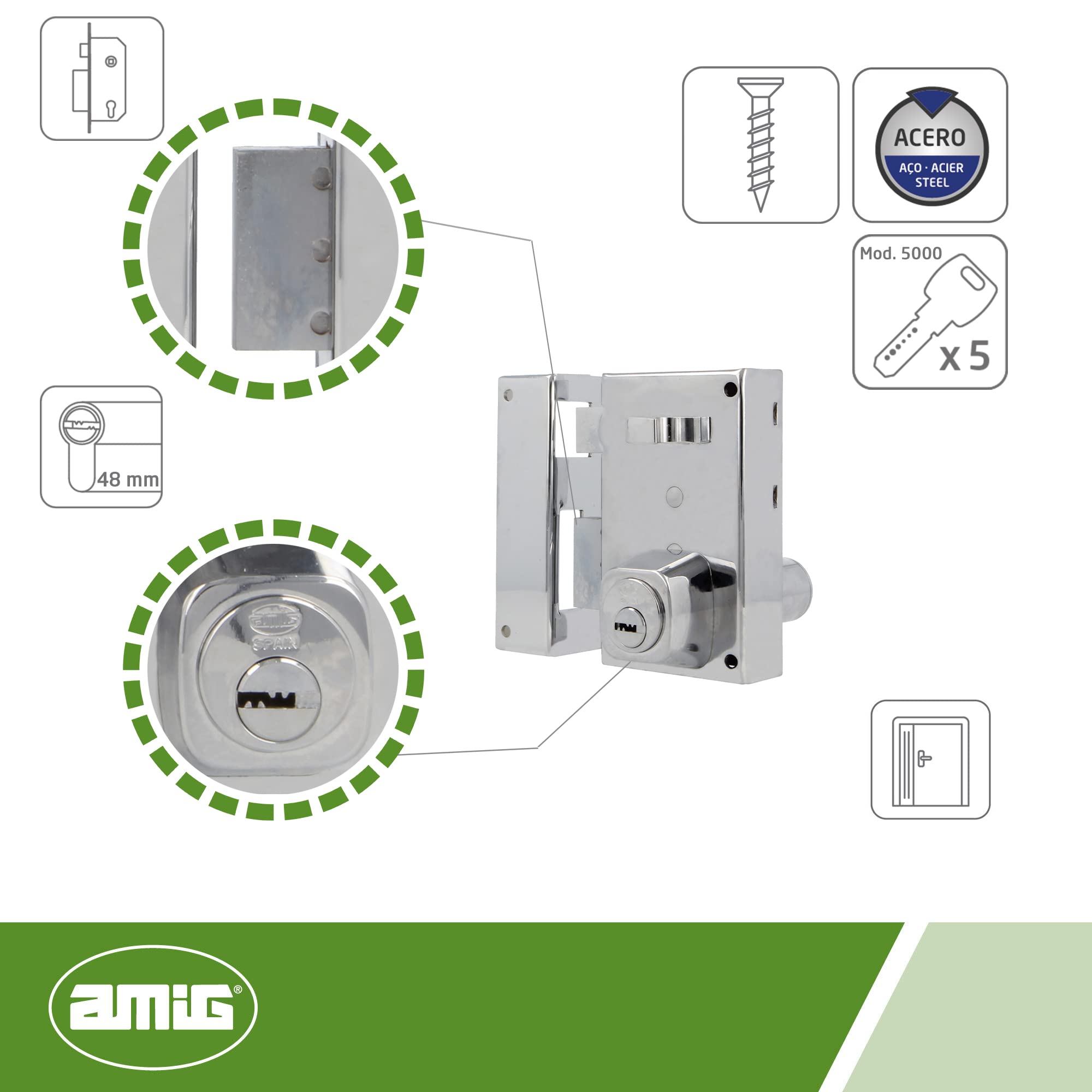 Amig - Cerradura de Sobreponer de Izquierda con Palanca de Cierre - Lengüeta y Tirador - Para Puertas de Madera - Mod. 75, 67 x 112 mm - Cilindro Redondo de Seguridad - Acero - Plateado