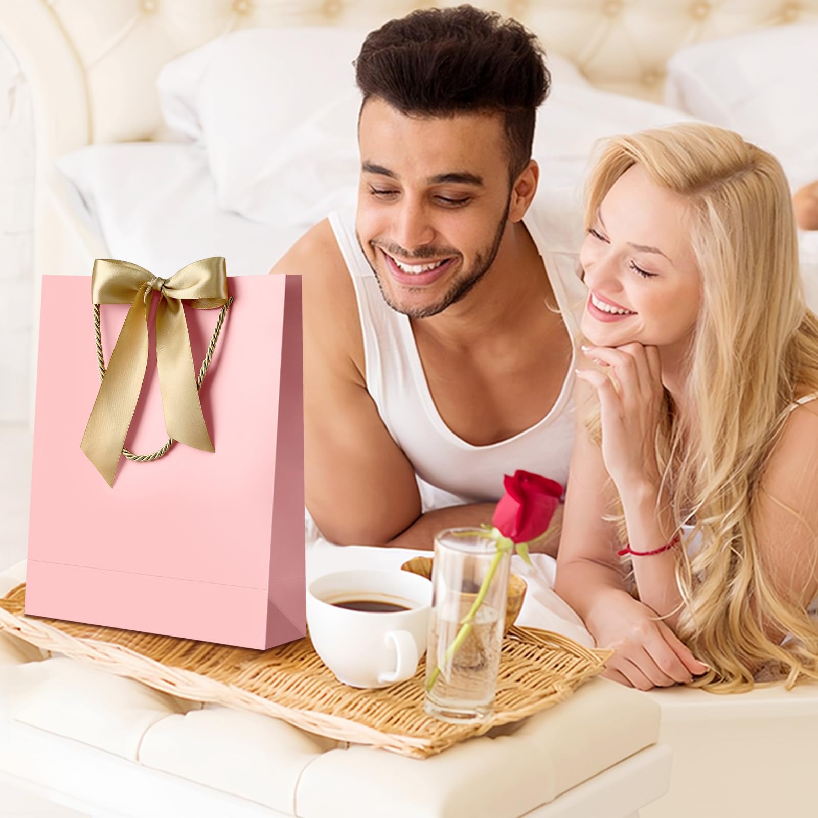 YoungTree Pink Gift Bags with Handles, 13" Medium Gift Bag with 2 Tissue Paper and 1 Card, Present Bag for Graduation Wedding Baby Shower Bridal Shower Birthday Party Supplies