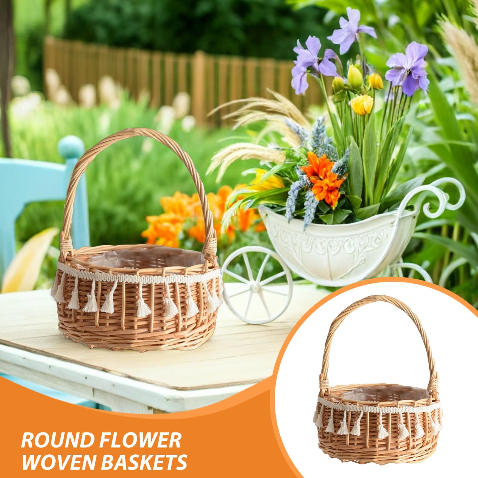 VALICLUD Lot de 2 Paniers en Rotin Tissé à la Main avec Poignée Petits Paniers Ronds Décoratifs Bleu 15 CM avec Pompons pour Demoiselle d'Honneur Rangement Floral et Cérémonies