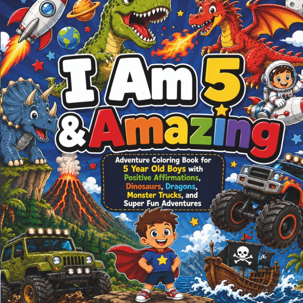 I Am 5 & Amazing: Adventure Coloring Book for 5 Year Old Boys: Adventure Coloring Book for 5 Year Old Boys with Positive Affirmations, Dinosaurs, Dragons, Monster Trucks and Super Fun Adventures
