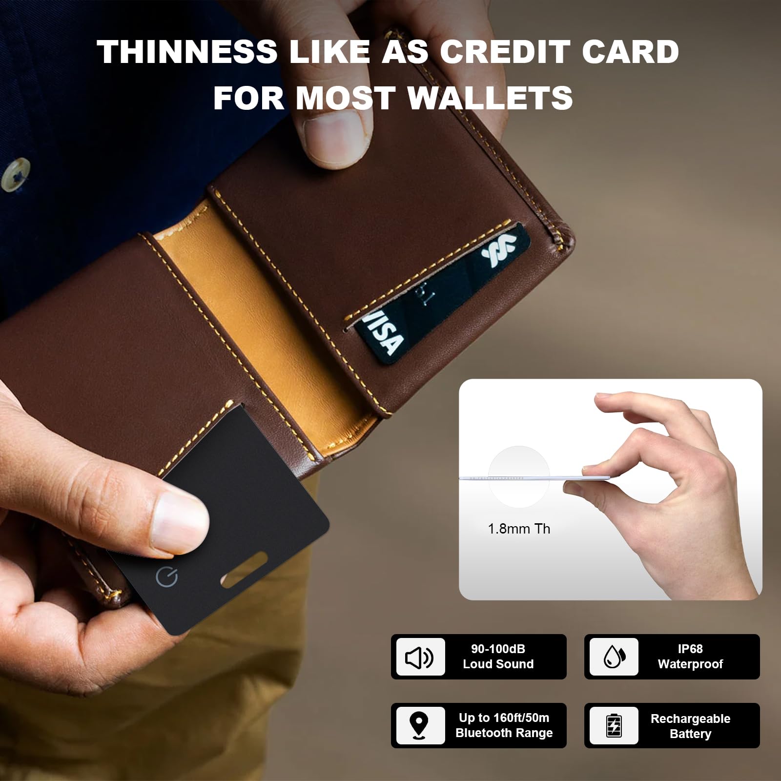 Wallet Tracker Card Works with Find My,Rechargeable Item Finder Locator,1.8mm Thin,Smart Bluetooth Tracking Device Credit-Card Size with Keychain Hole for Keys, Luggage,Backpack (Air-Tag Alternative)