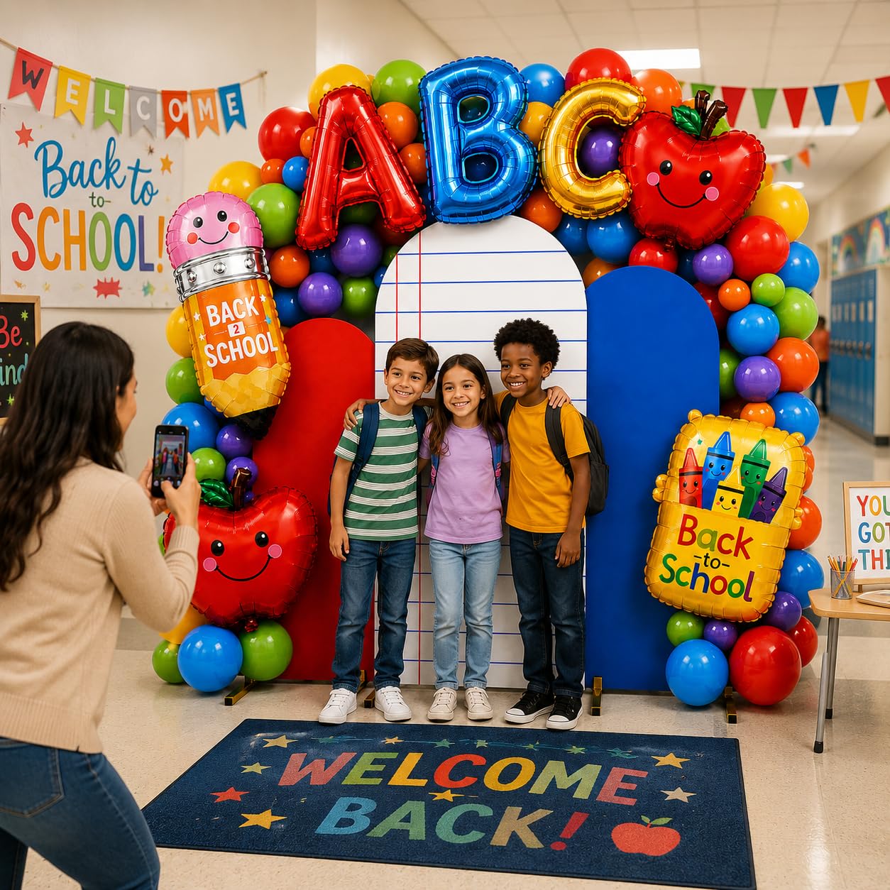 Cinrobiye Juego de 56 piezas de telón de fondo de arco de regreso a clases, composición de tela elástica, fundas de arco de cuaderno para marcos de 4 pies, 5 pies y 6 pies con 42 globos, decoración de