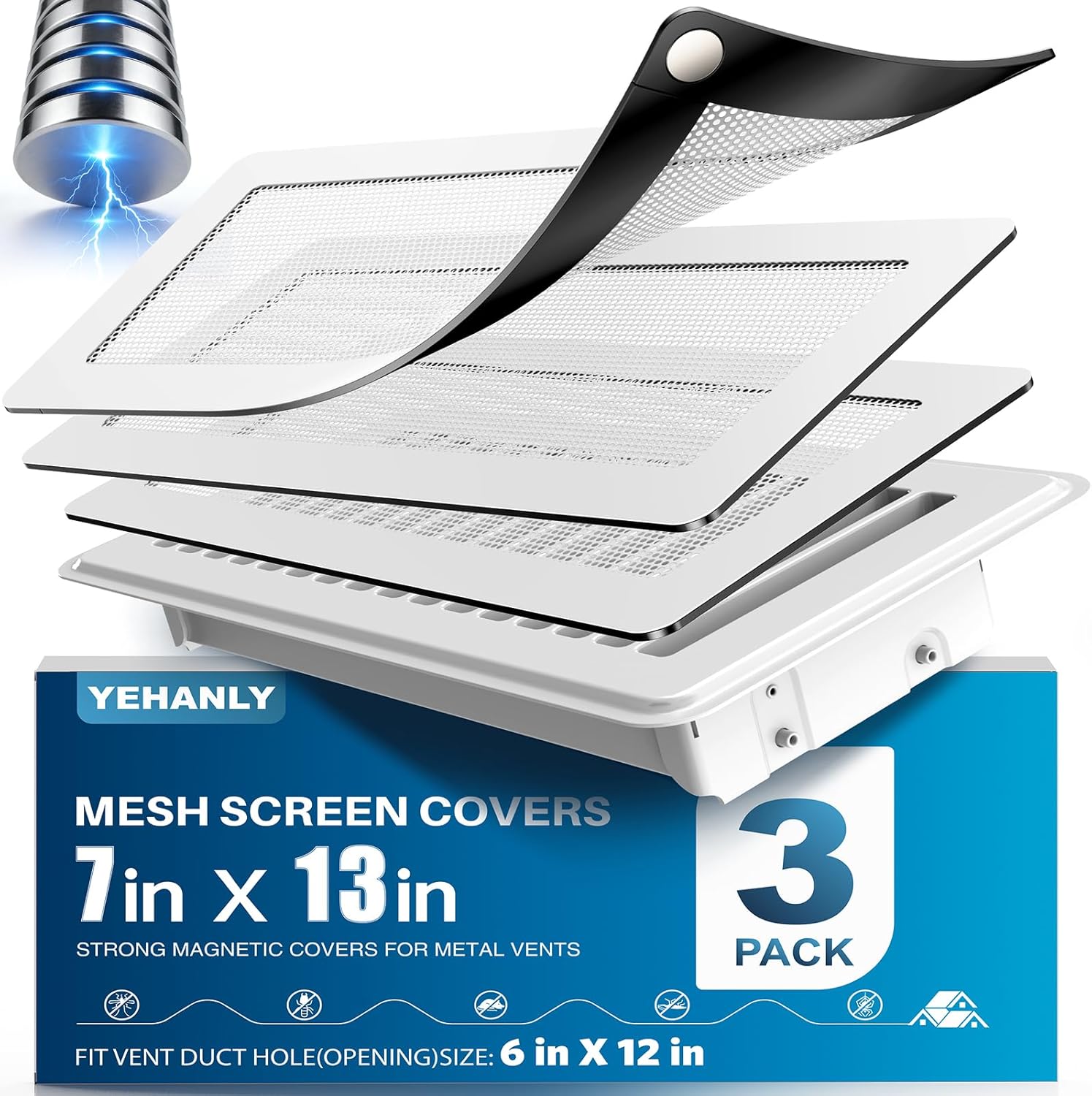 Magnetic Vent Covers with Vent Screen 7x13 Inch, White Mesh Covers for Floor, Wall, Ceiling Floor Catch Debris Hair Insect, 3 Pack