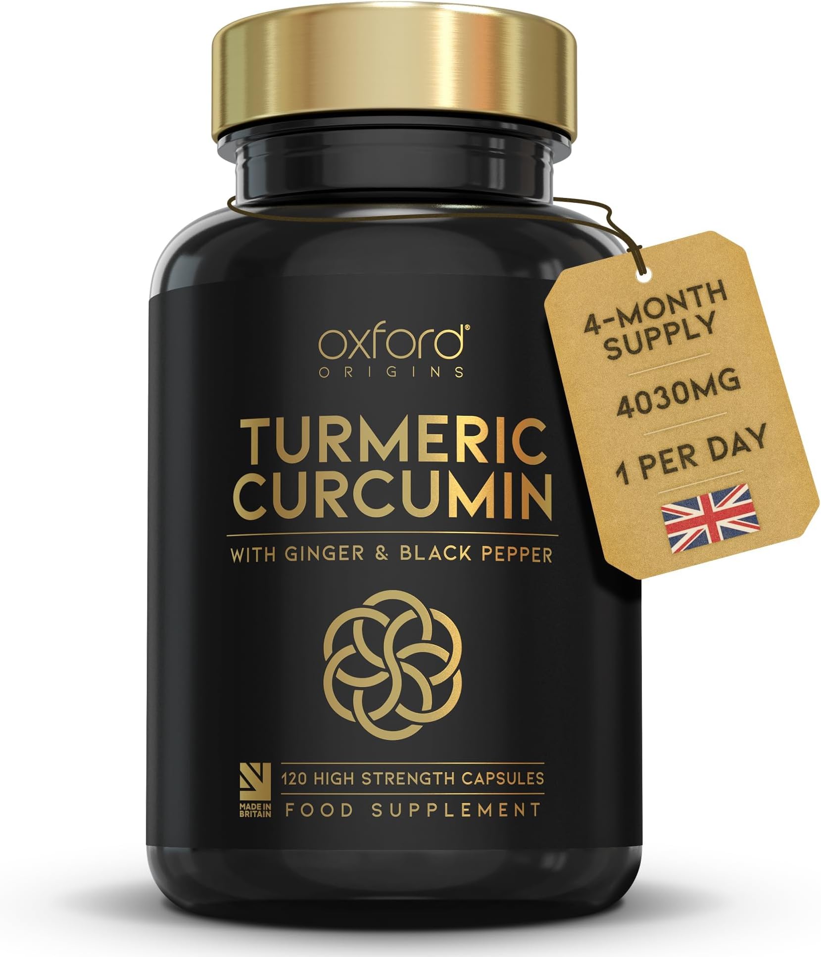 Advanced Turmeric and Black Pepper Capsules 4030mg Made in the UK | ONE per Day Turmeric Supplement with Ginger & Black Pepper | 120 High Strength Tumeric Curcumin Capsules for Joints | 4 Month Supply