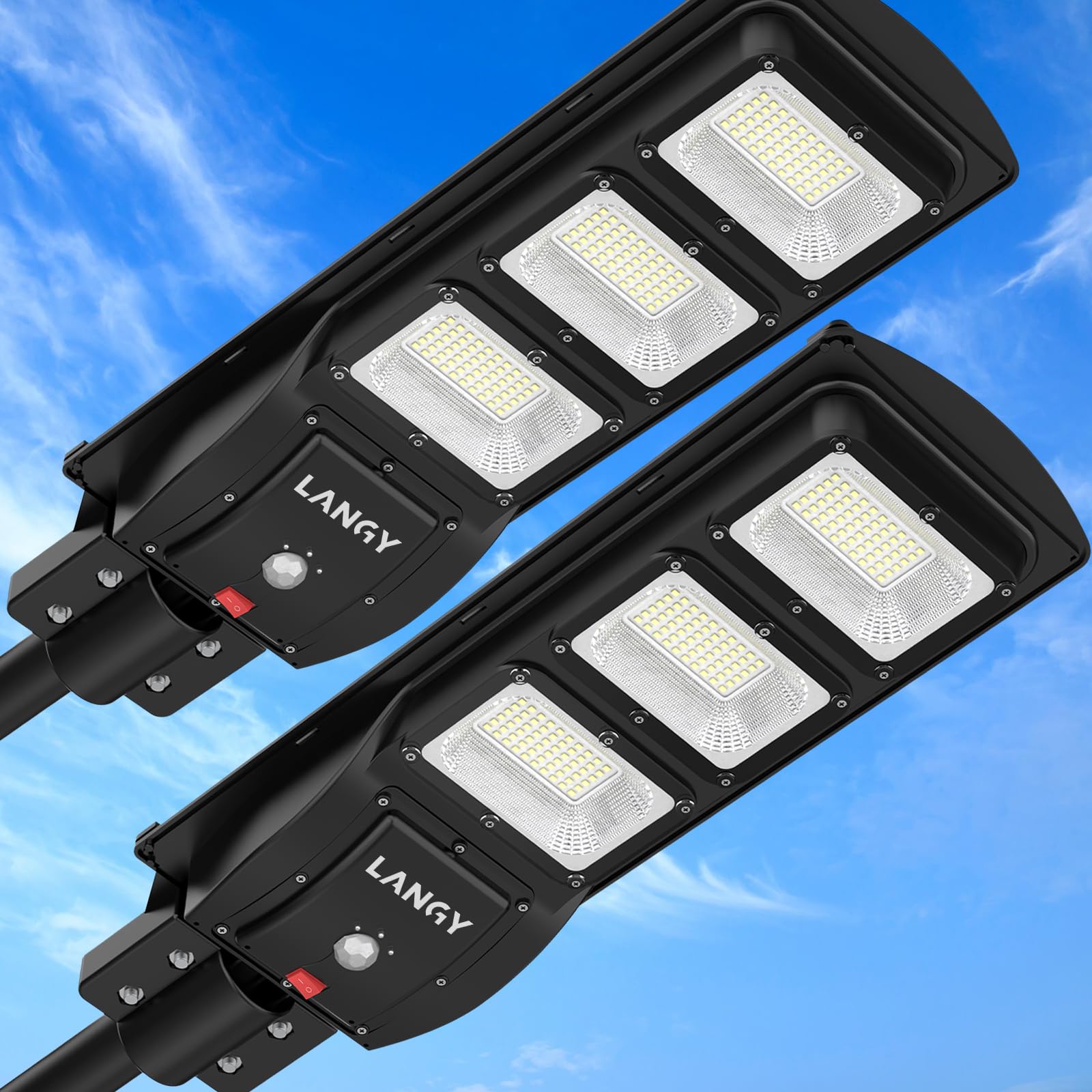 LANGY 2 Pack Led Solar Street Lights Outdoor 150000 Lumens,180 PCS LED,Dusk to Dawn Solar Powered Street Lights with Remote for Barn,Yard, Garden,Basketball Court